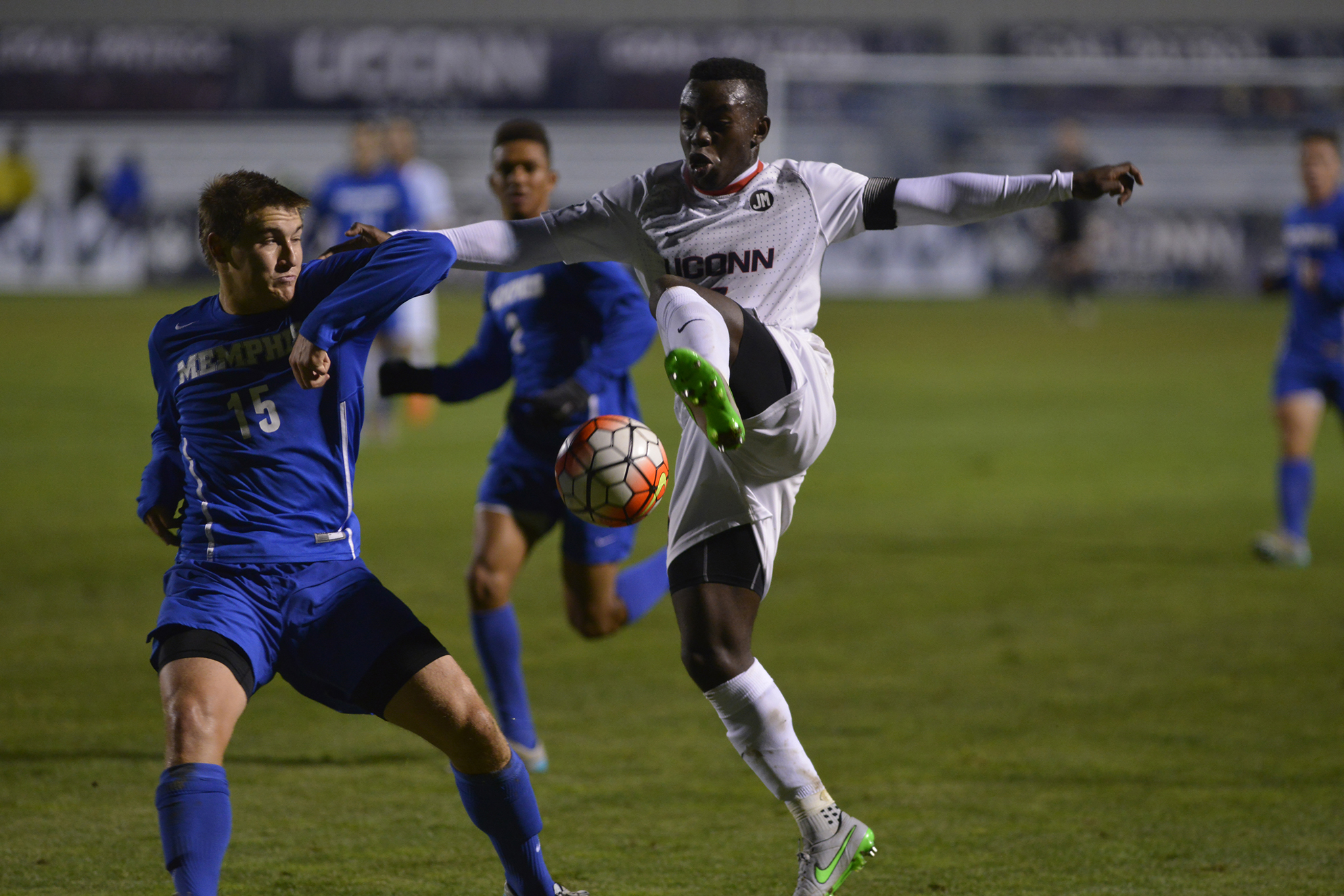 UConn junior midfielder Kwame Awuah brings the ball down during the Huskies' game against Memphis at Joseph J. Morrone Stadium in Storrs, Connecticut on Saturday, Oct. 3, 2015. (Jason Jiang/The Daily Campus)