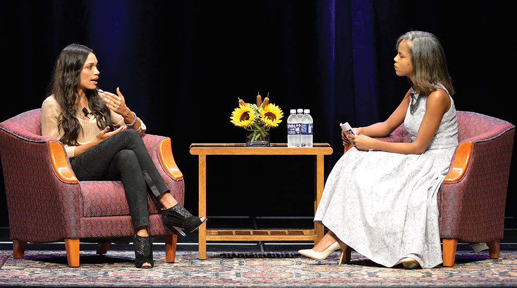 Rosario Dawson (left) speaks at the Jorgensen Center for the Performing Arts in Storrs, Connecticut on Wednesday, Oct. 7, 2015. (Jason Jiang/The Daily Campus)