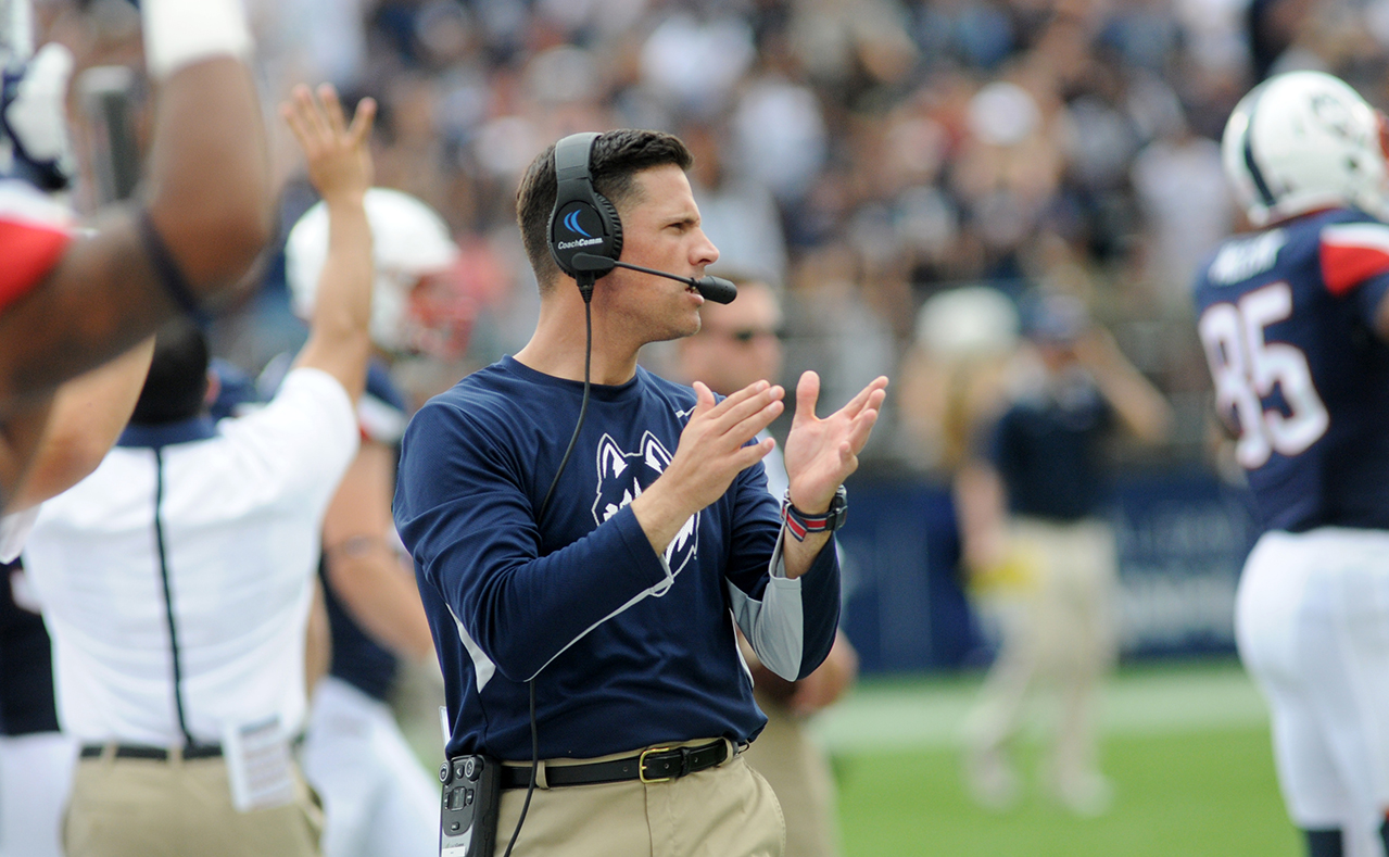UConn football head coach Bob Diaco on the sidelines during the Huskies' game against Army at Pratt & Whitney Stadium at Rentschler Field in East Hartford, Connecticut on Saturday, Sept. 12, 2015. (Bailey Wright/The Daily Campus)