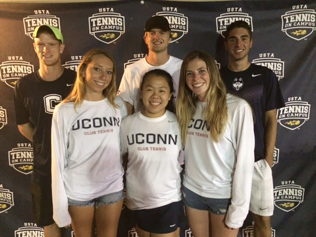 Top left to right: Jay Latimer, Colin Melford and Martin Porebski stand behind teammates Alyssa Migliorini, VIctoria Ho and Jessica DeRoberti at the USTA Tennis on Campus Fall Invitational in Hilton Head, South Carolina. (Courtesy/Jay Latimer)