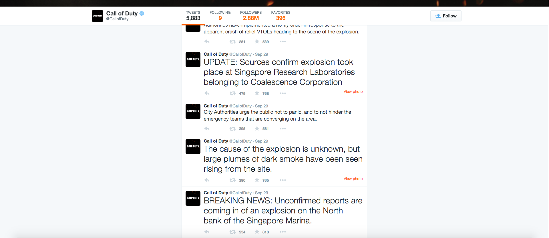 In this screenshot, a section of the Call of Duty Twitter feed is seen containing tweets related to a terrorist attack late last month. (Screenshot)