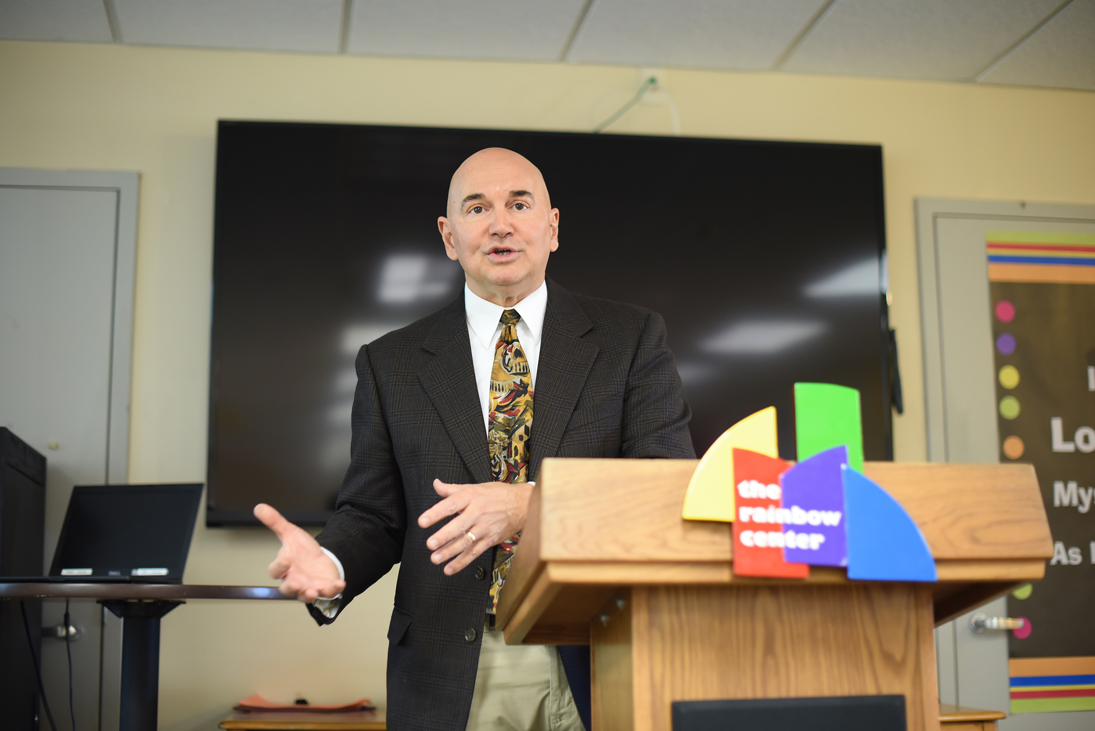 John-Manuel Andriote, author and leading HIV/AIDS reporter, speaks during his lecture "How Building Resilient Gay Men Saves Lives and Why It’s Good for America," part of the Rainbow Center’s Out to Lunch series, on Wednesday, Oct. 14, 2015. (Allen Lang/The Daily Campus)
