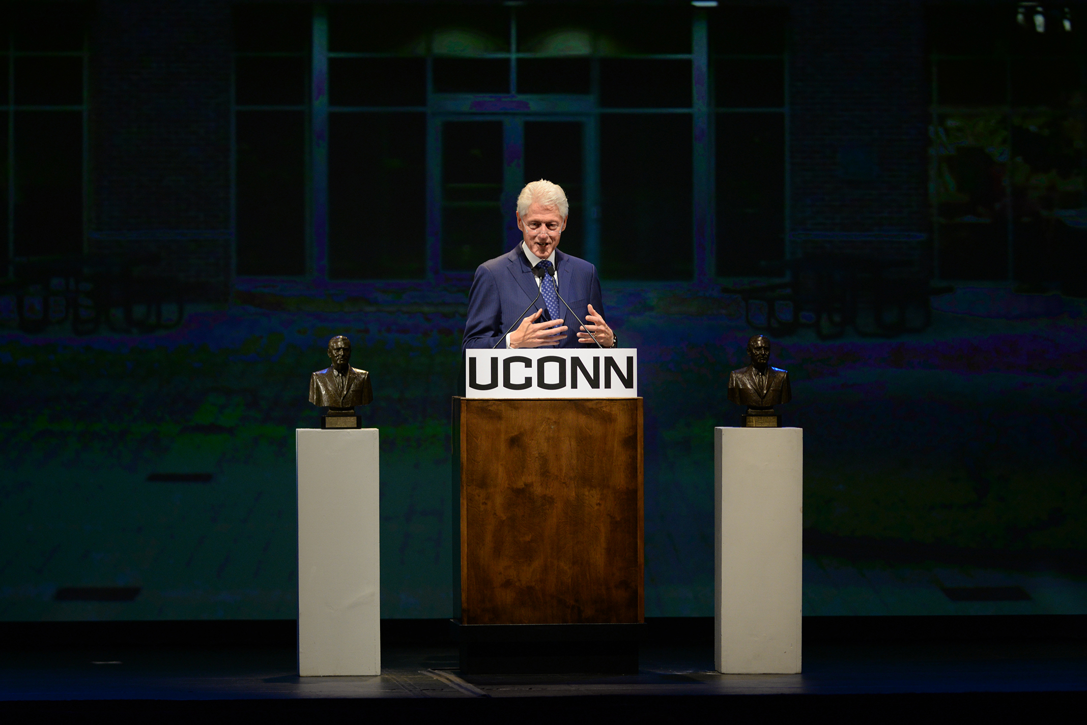 Former president Bill Clinton speaks prior to being awarded the Thomas J. Dodd Prize in International Justice and Human Rights at the Jorgensen Center for the Performing Arts in Storrs, Connecticut on Thursday, Oct. 15, 2015. (Ashley Maher/The Daily Campus)