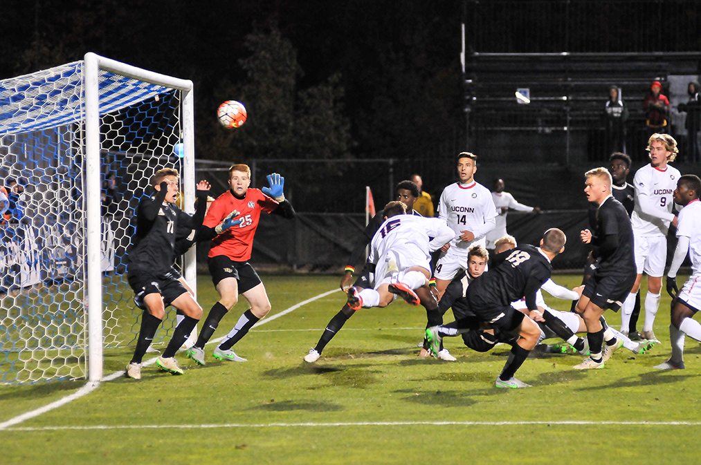 UConn junior captain Jake Nerwinski is seen scoring his game-winning goal in the 80th minute of the Huskies' game against UCF at Joseph J. Morrone Stadium in Storrs, Connecticut on Saturday, Oct. 17, 2015. (Jason Jiang/The Daily Campus)