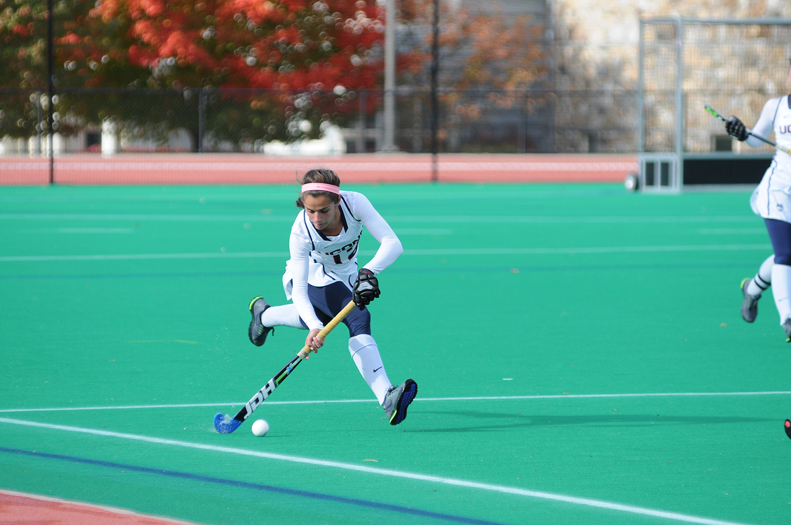 UConn junior midfielder Olivia Bolles runs upfield during the Huskies' game against Boston University at the Sherman Family Sports Complex in Storrs, Connecticut on Sunday, Oct. 18, 2015. (Jason Jiang/The Daily Campus)