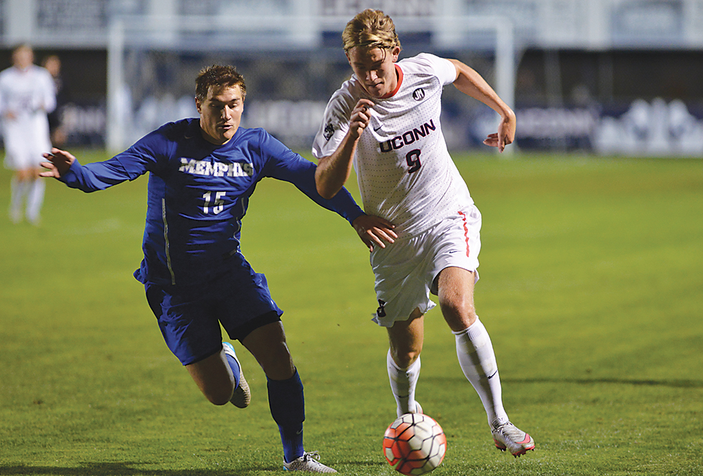UConn men's soccer forward Fredrik Jonsson runs downfield during the Huskies' game against Memphis at Joseph J. Morrone Stadium in Storrs, Connecticut on Saturday, Oct. 3, 2015. (Jason Jiang/The Daily Campus)