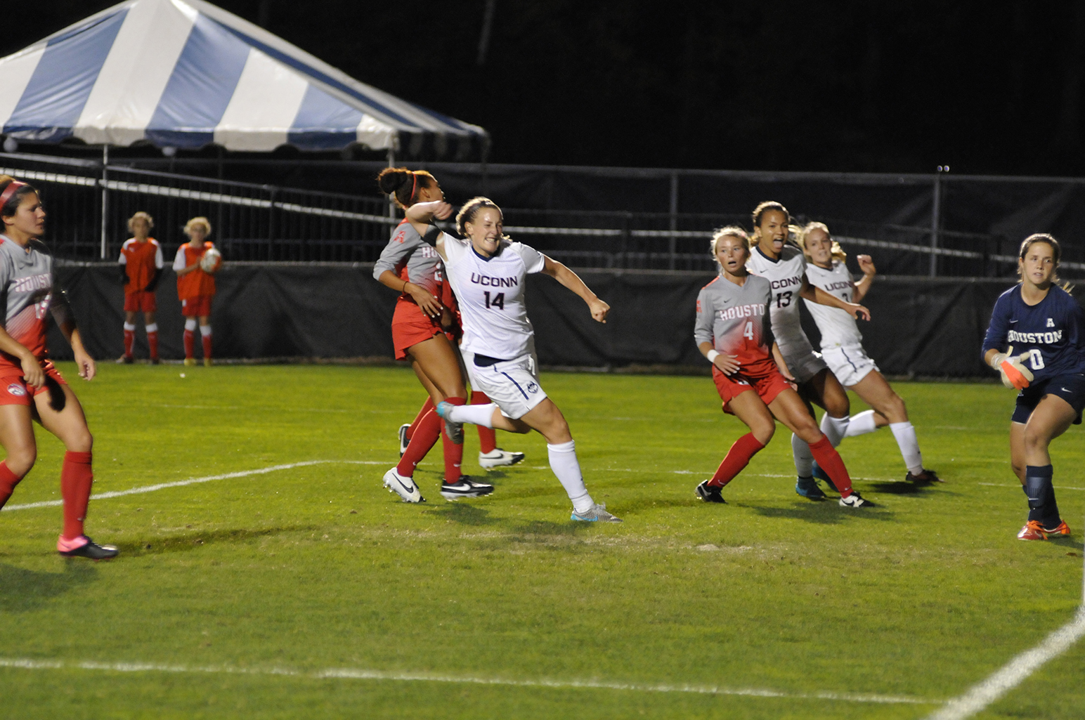 UConn senior forward Samantha McGuire celebrates after scoring the Huskies' game winning goal against Houston at Joseph J. Morrone Stadium in Storrs, Connecticut on Thursday, Oct. 22, 2015. (Jason Jiang/The Daily Campus)