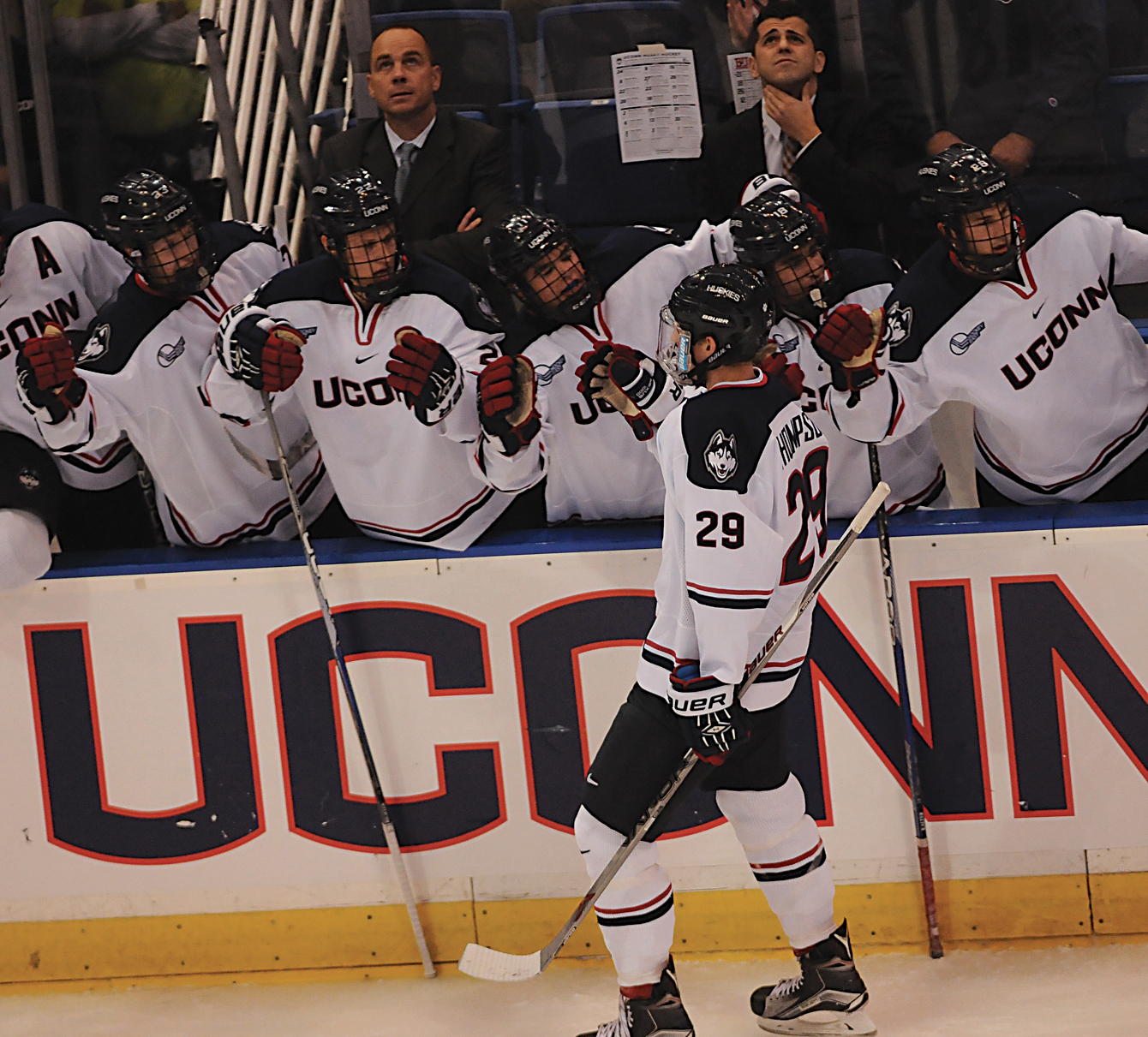 UConn men's hockey freshman forward Tage Thompson (29) skates past the Huskies' bench after scoring a goal in the team's game against Boston University at XL Center in Hartford, Connecticut on Tuesday, Oct. 27, 2015. (Amar Batra/The Daily Campus)