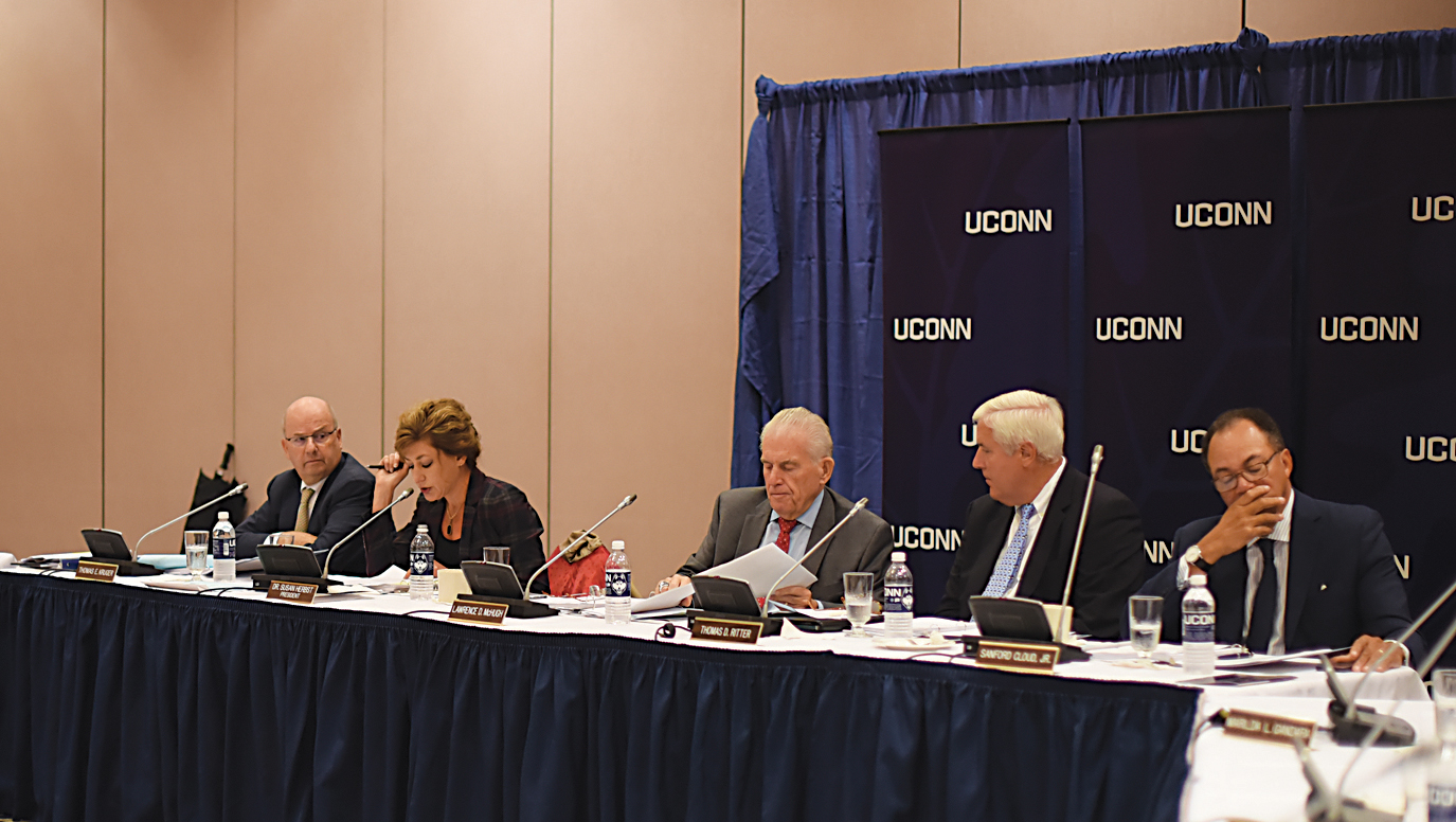 In this file photo, members of the UConn Board of Trustees listen as university president Susan Herbst (second from left) speaks during the board's meeting on Wednesday, Sept. 30, 2015. (Allen Lang/The Daily Campus)