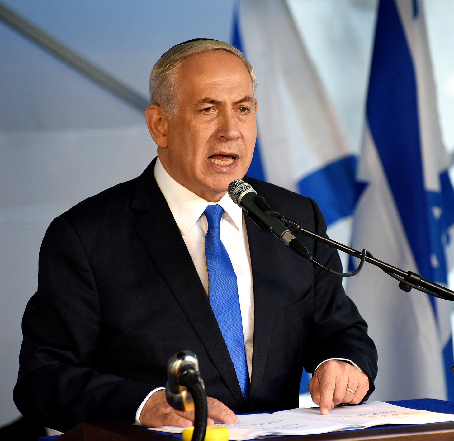 Israeli Prime Minister Benjamin Netanyahu speaks during the official memorial ceremony marking the 20th anniversary of the assassination of the late Prime Minister Yitzhak Rabin in the Mt. Herzl Cemetery in Jerusalem, Israel, Monday, Oct. 26, 2015. (AP)