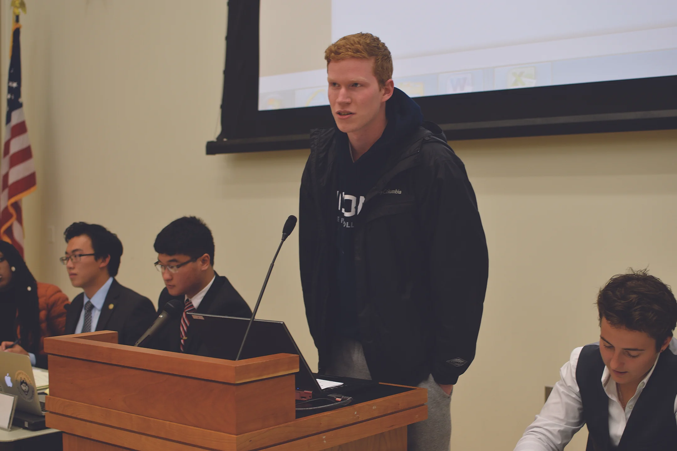 Sean Finan, treasurer of the Men's Club Volleyball team, speaks to USG. One of the hotly debated topics was providing funding for the team after the previous chief financial officer had neglected certain duties to repay the team for past costs. (Grant Zitomer/Daily Campus)