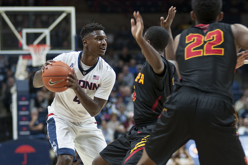 UConn graduate student guard Sterling Gibbs pivots with the ball during the Huskies' exhibition game against Tampa at Gampel Pavilion on Sunday, Nov. 1, 2015. UConn defeated Tampa 88-72. (Bailey Wright/The Daily Campus)