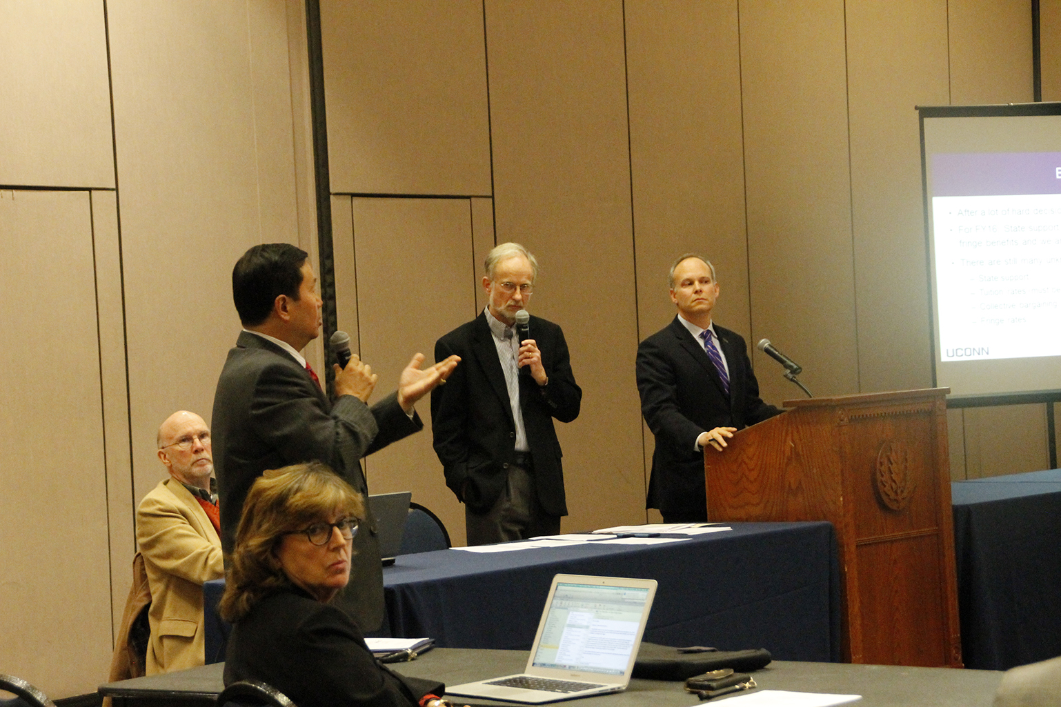 UConn Provost Mun Choi (left) speaks during the University Senate meeting in Storrs, Connecticut on Monday, Nov. 2, 2015. UConn's current deficit of $40 million will count for a 16 to 17 percent increase of tuition, Choi said at the meeting. (Marissa Aldieri/The Daily Campus)