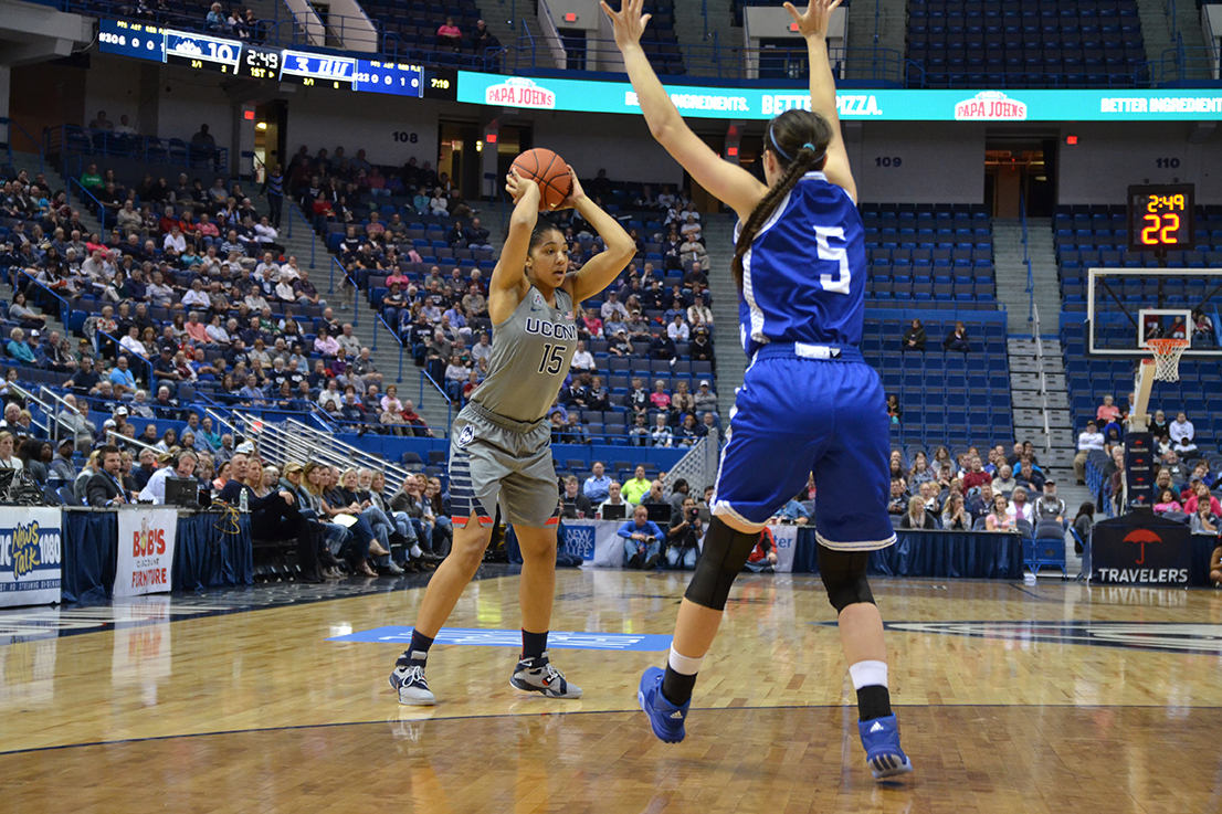 UConn women's basketball sophomore guard Gabby Williams looks for a pass during the Huskies' exhbition game against Division II Lubbock Christian at the XL Center in Hartford, Connecticut on Monday, Nov. 2, 2015. (Amar Batra/The Daily Campus)