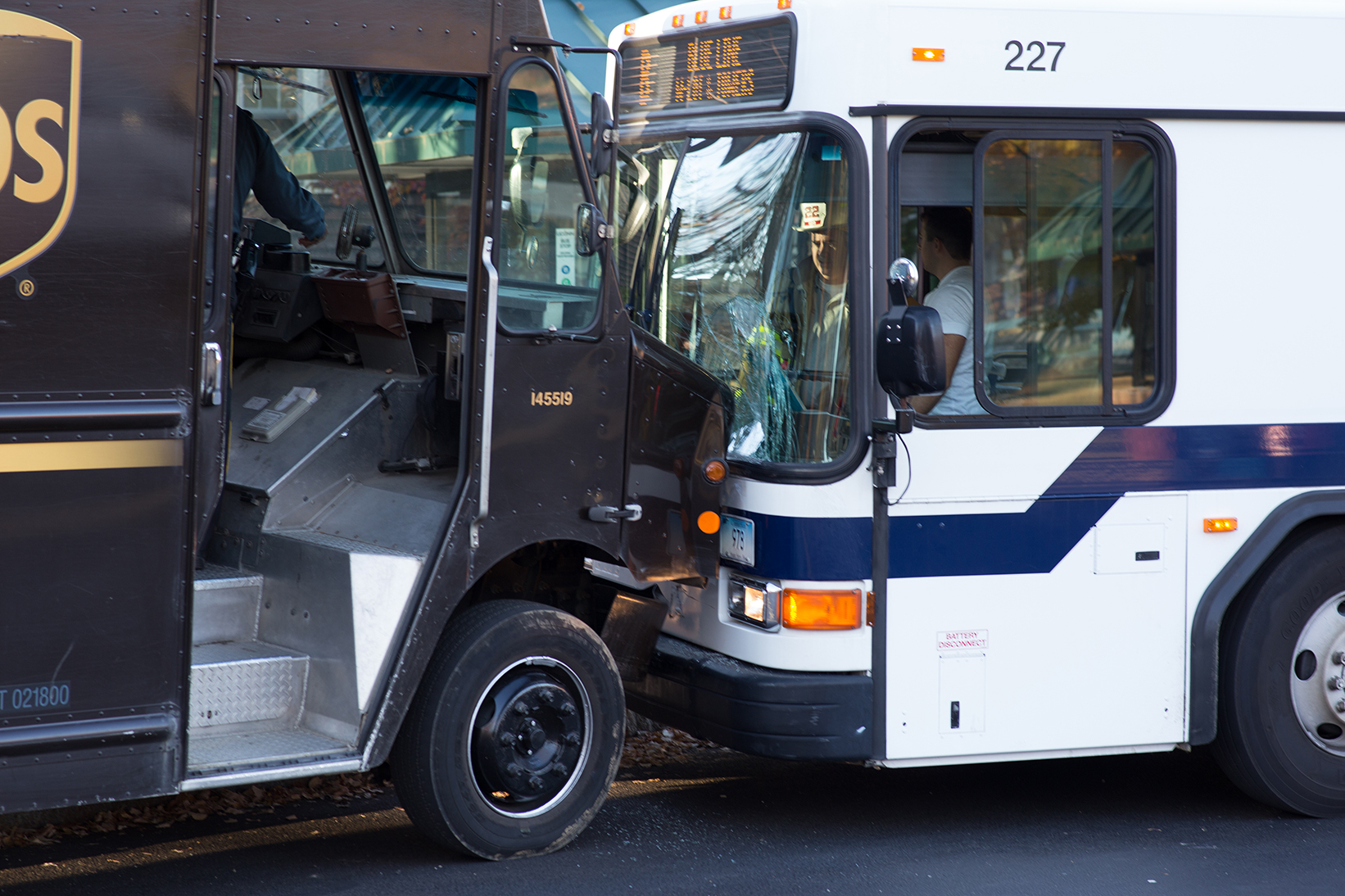 A UPS delivery truck is seen after colliding with a UConn Transportation bus at the Arjona Westbound stop on Tuesday, Nov. 3, 2015. The bus was carrying around 20 students, and no student injuries were reported. (Fritz Bacon/The Daily Campus)