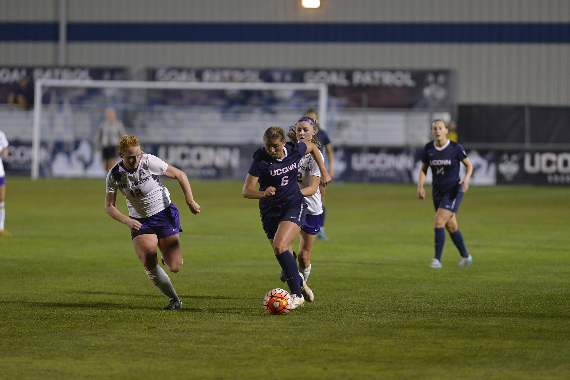 UConn redshirt senior forward Andrea Plucenik dribbles the ball during the Huskies' game against East Carolina at Joseph J. Morrone Stadium on Thursday, Oct. 8, 2015. UConn defeated the Pirates 3-1 in Dallas, Texas on Tuesday, Nov. 3, 2015 to advance to the American Athletic Conference semifinals. (Jason Jiang/The Daily Campus)