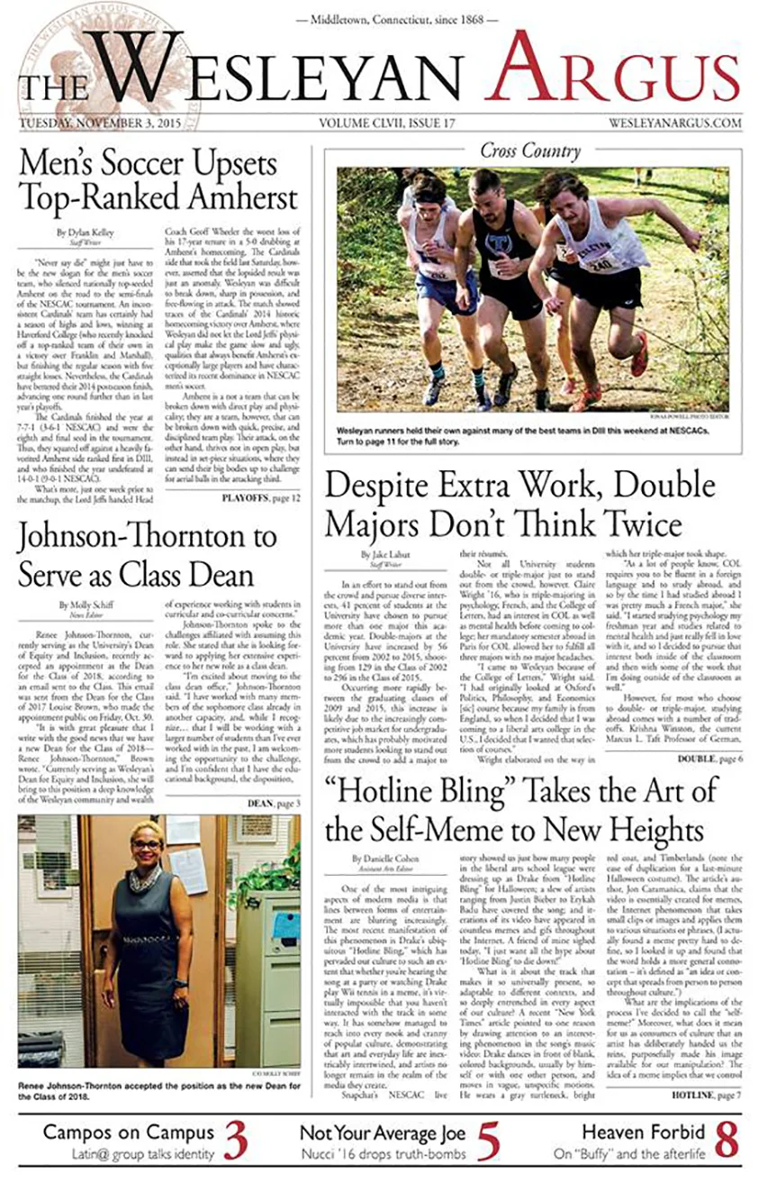 The front page of The Wesleyan Argus from Tues., Nov. 3. (Courtesy/The Wesleyan Argus  Facebook  page)