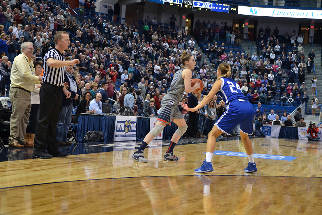 Freshman Katie Lou Samuelson initiates the offense during UConn's exhibition against Lubbock Christian. The Huskies were voted No. 1 in the AP poll this week. (Amar Batra/ The Daily Campus)