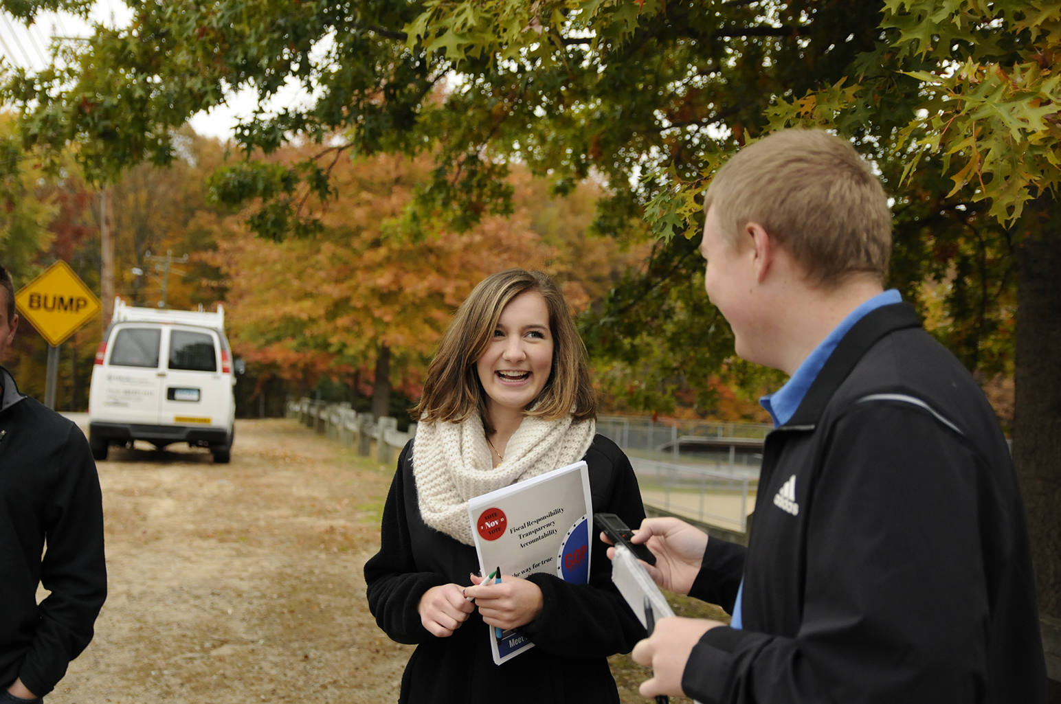 The Republicans were joined by members of the UConn College Republicans in their door-knocking campaign. Gianna Bodnar, vice president of the UConn College Republicans, talks with Daily Campus reporter Kyle Constable on the campaign trail. (Amar Batra/The Daily Campus)