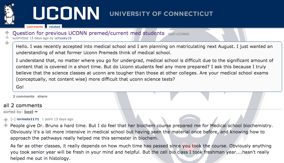 One of the mentions of Dr. Mary Bruno's Biochemistry 2000 class on Reddit. The professor has a challenging reputation but is renowned for preparing her students for medical school. (Screenshot)