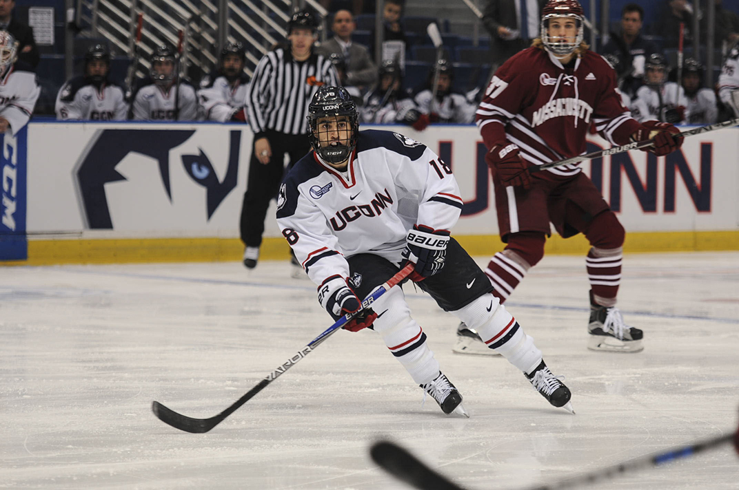 UConn freshman forward Max Kalter looks to receive the puck during the Huskies' game against UMass at the XL Center in Hartford, Connecticut on Friday, Nov. 6, 2015. UConn lost 4-2, dropping to 3-5-0 this season. (Bailey Wright/The Daily Campus)