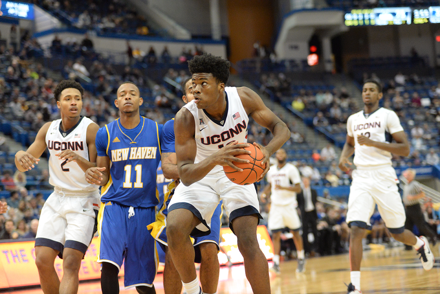 Freshman forward Steven Enoch goes up for a shot during UConn's 83-43 victory over New Haven at the XL Center on Nov. 7, 2015. Enoch scored seven straight points for the Huskies in the second half. (Ashley Maher/The Daily Campus). 