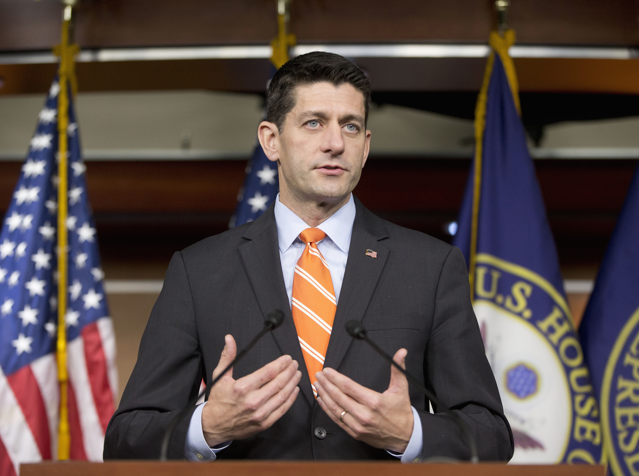 House Speaker Paul Ryan of Wis., gestures during his news conference on Capitol Hill in Washington, Thursday, Nov. 5, 2015. The House has voted to continue transportation programs for six years with no significant increase in spending. That’s despite warnings that the nation’s roads, bridges and transit systems are falling apart. (Pablo Martinez Monsivais/AP)
