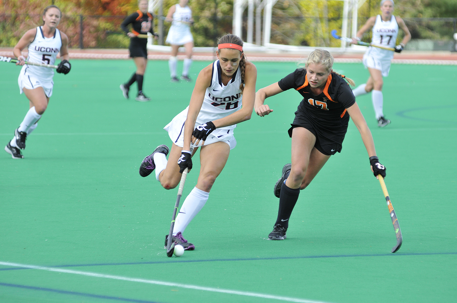 UConn field hockey forward Charlotte Veitner protects the ball during the Huskies' game against Princeton at the Sherman Family Sports Complex in Storrs, Connecticut on Sunday, Oct. 25, 2015. Veitner was named the Big East tournament’s Most Outstanding Player, and also made the All-Tournament Team. (Jason Jiang/The Daily Campus)