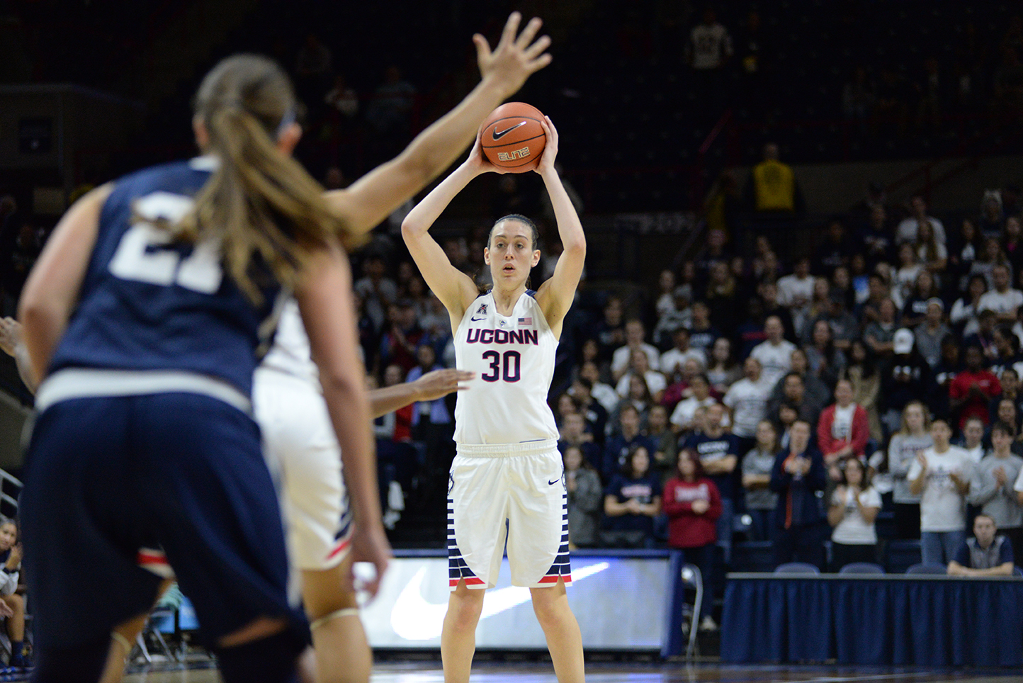 UConn women's basketball forward Breanna Stewart looks for a pass during the Huskies' exhibition game against Vanguard at Gampel Pavilion in Storrs, Connecticut on Sunday, Nov. 8, 2015. (Ashley Maher/The Daily Campus)