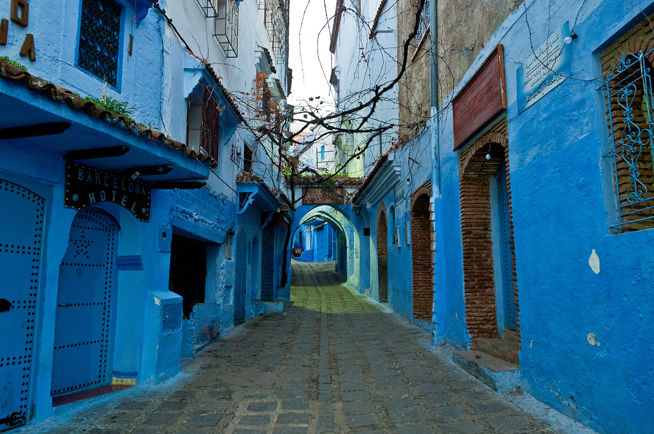 A view of one of the many blue-painted streets in Chefchaouen, Morocco. Chefchaouen is situated in the Rif Mountains, just inland from Tangier. (Flickr/Mark Fischer). 