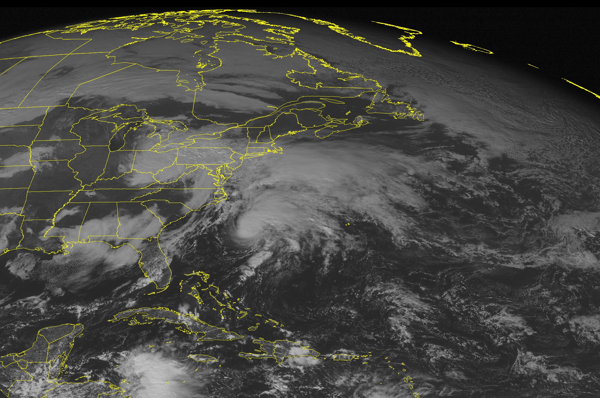 This NOAA satellite image taken Tues., Nov. 10 at 12:45 p.m. shows a storm system over the Mid-Atlantic moving northeast into New England which will produce moderate to heavy rain over the area overnight. (Weather Underground via AP)