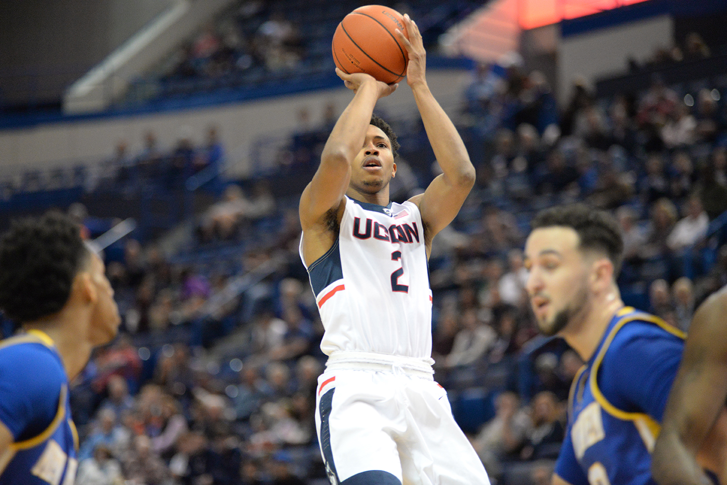 UConn freshman point guard Jalen Adams takes a shot during the Huskies' exhibition game against the University of New Haven at Gampel Pavilion in Storrs, Connecticut on Saturday, Nov. 7, 2015. (Ashley Maher/The Daily Campus)