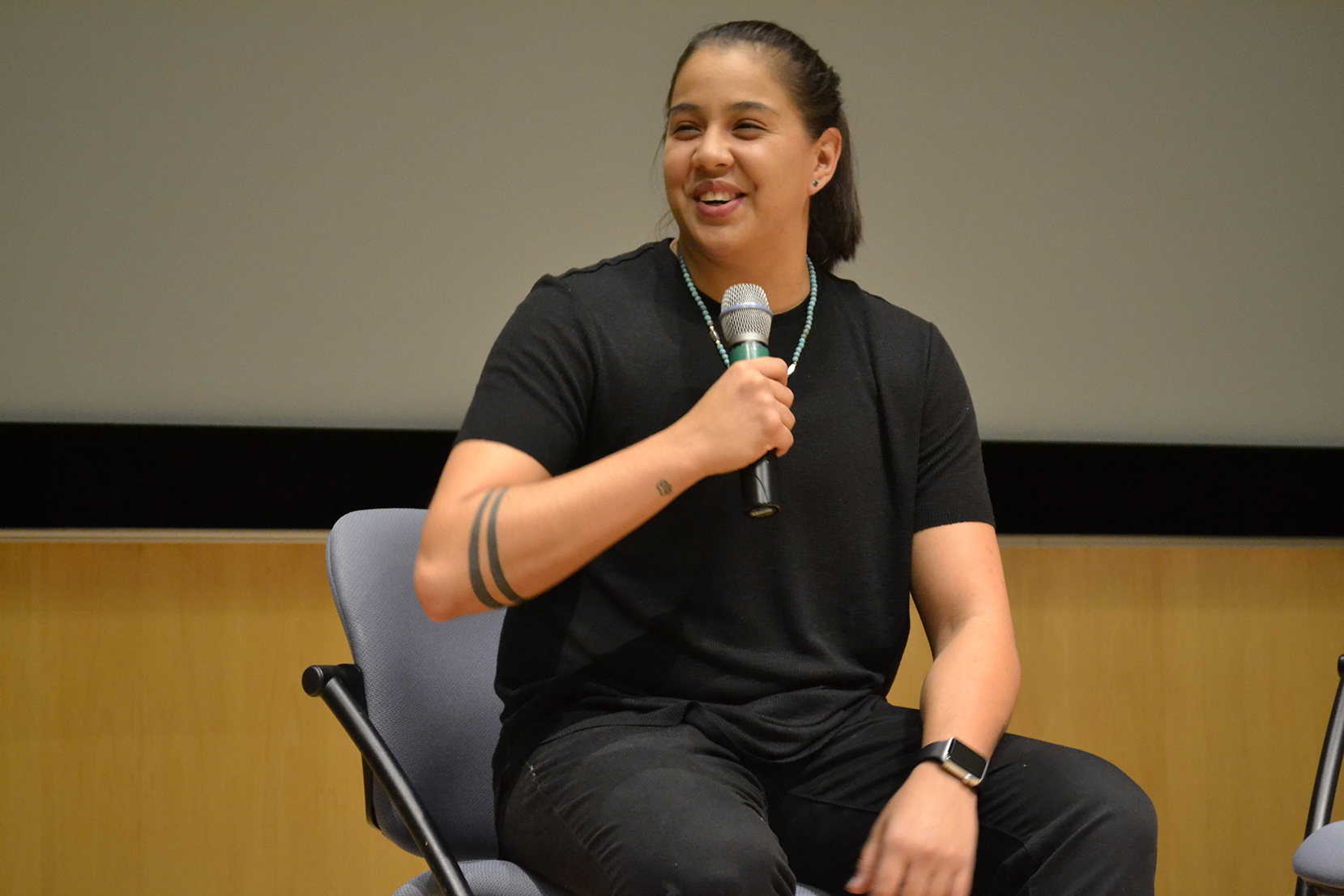 Atlanta Dream guard Shoni Schimmel speaks at the Student Union Theater in Storrs, Connecticut on Tuesday, Nov. 10, 2015. (Olivia Stenger/The Daily Campus)