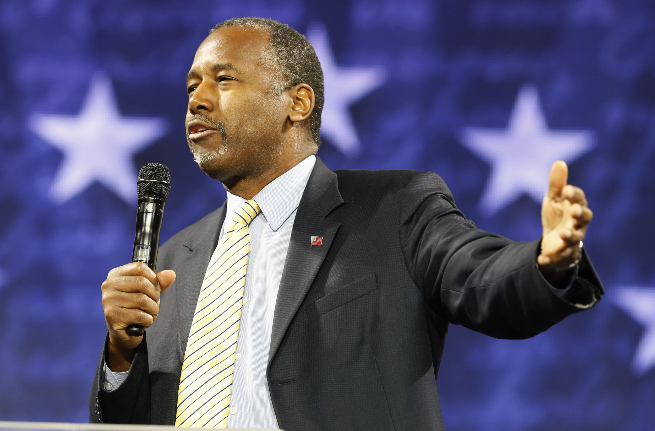 Republican Presidential candidate Dr. Ben Carson speaks at Liberty University in Lynchburg, Va., Wednesday, Nov. 11, 2015. (AP Photo/Steve Helber)