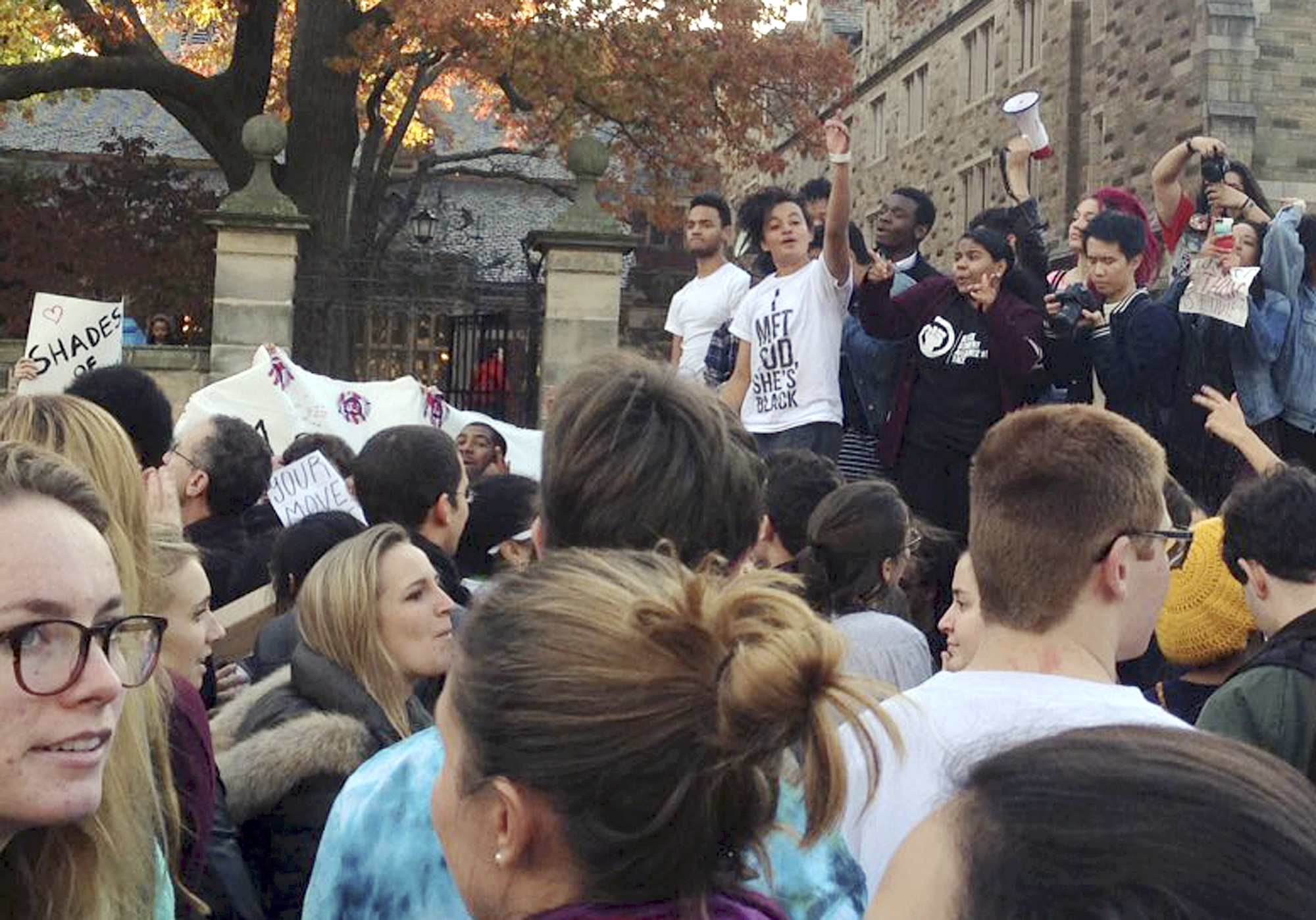 Yale University students and supporters participate in a march across campus to demonstrate against what they see as racial insensitivity at the Ivy League school on Monday, Nov. 9, 2015, in New Haven, Conn. (Ryan Flynn/New Haven Register via AP)