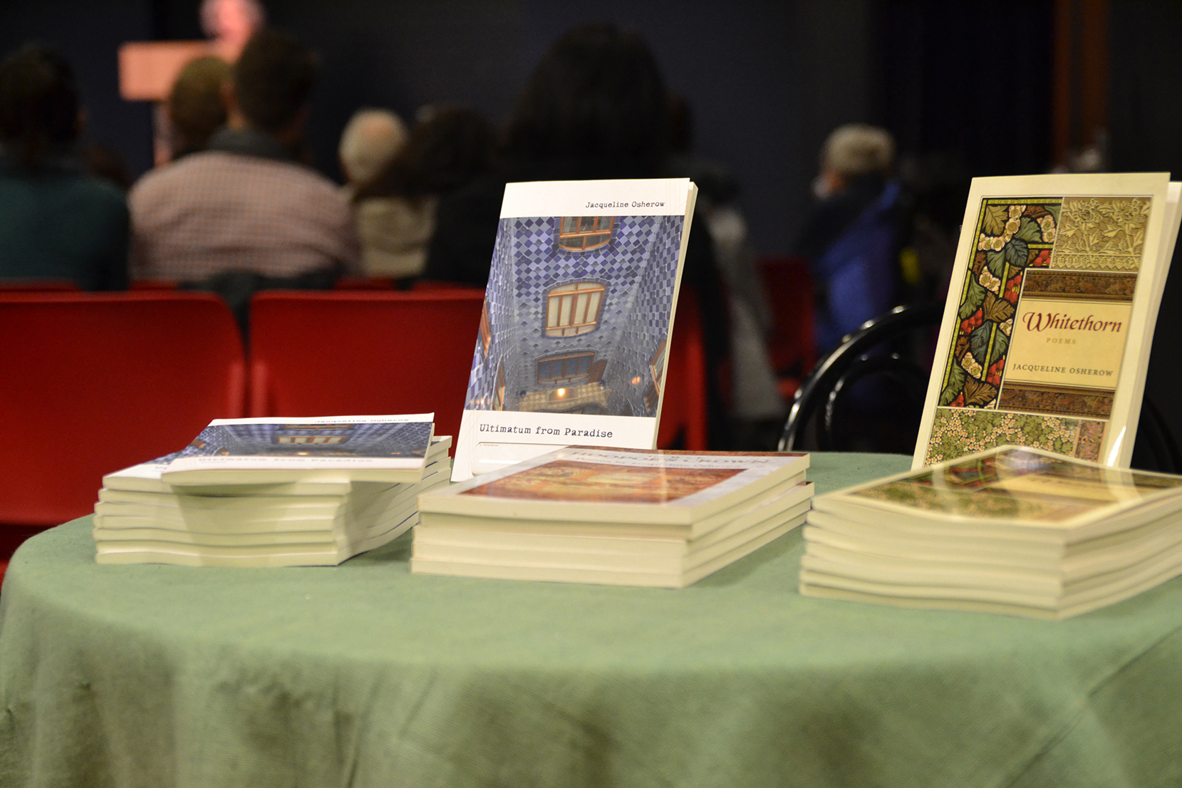 Two of poet Jacqueline Osherow's books are seen during her reading at the UConn Co-op Bookstore in Storrs Center on Wednesday, Nov. 11, 2015. (Amar Batra/The Daily Campus)