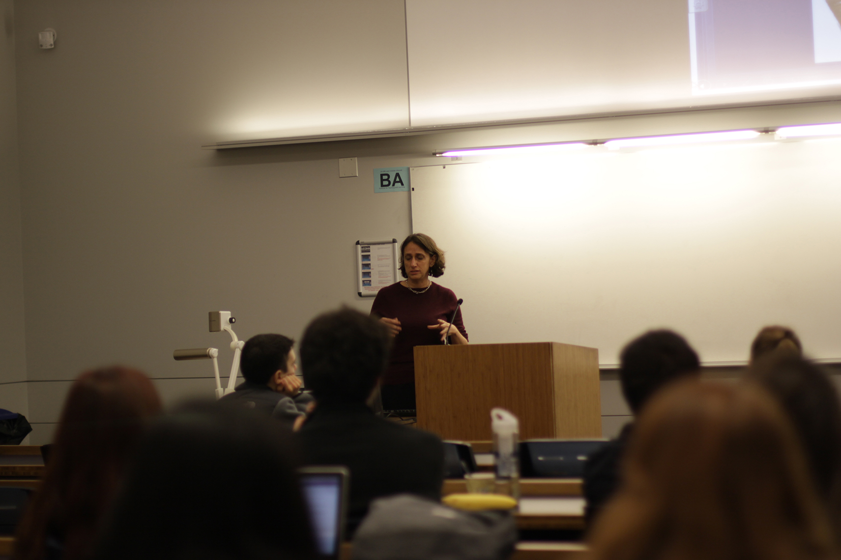 Dr. Marlene Schwartz, director for the Rudd Center for Food Policy & Obesity and professor of human development and family studies at the University of Connecticut, speaks during her lecture "Tricks Are For Kids: How Food Companies Target Children" in Laurel Hall on Wednesday, Nov. 11, 2015. (Mei Buzzell/The Daily Campus)
