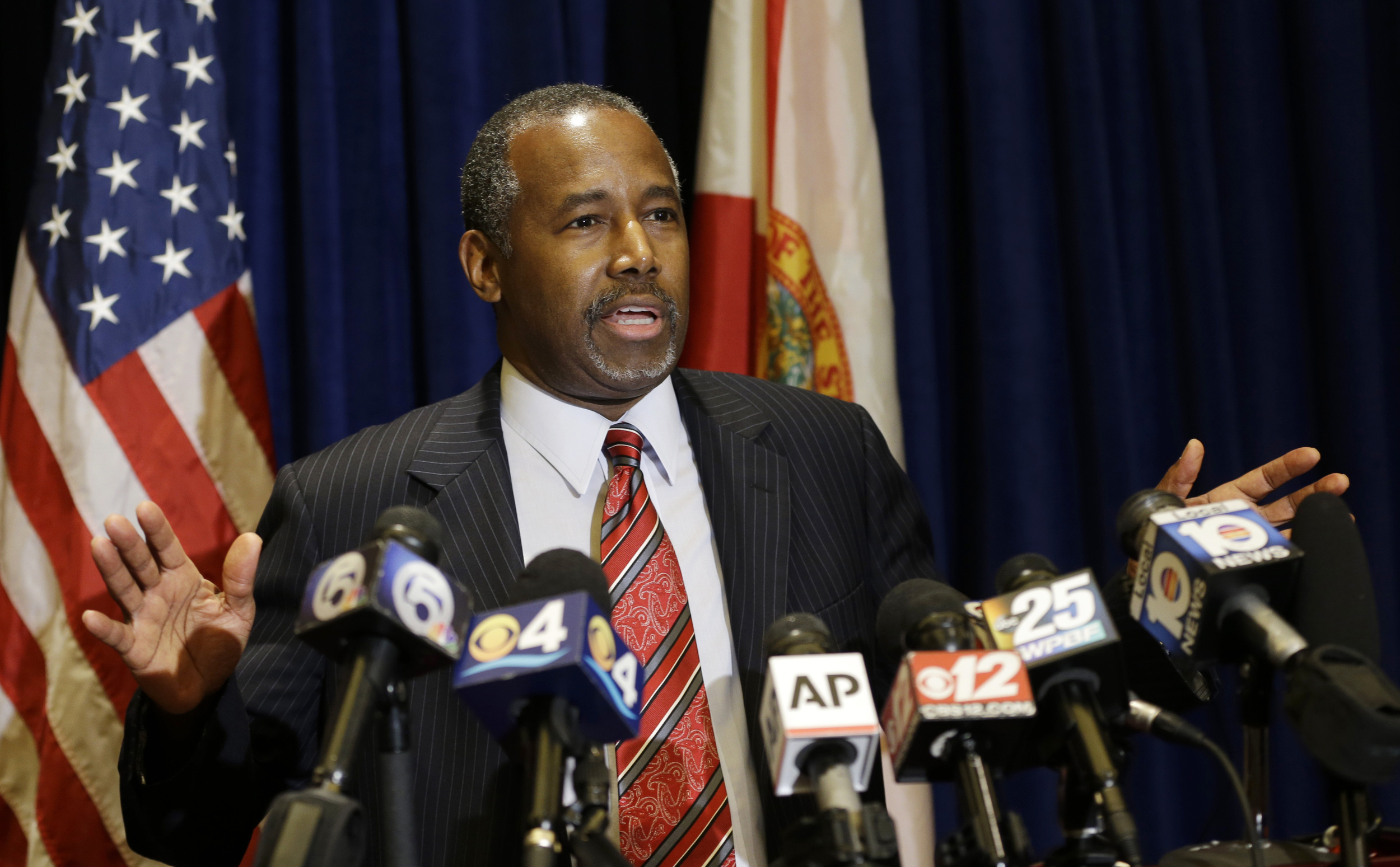 In this Nov. 6, 2015, file photo, Republican presidential candidate Ben Carson speaks during a news conference before attending a Black Republican Caucus of South Florida event benefiting the group's scholarship fund in Palm Beach Gardens, Fla. (Alan Diaz, File/AP)