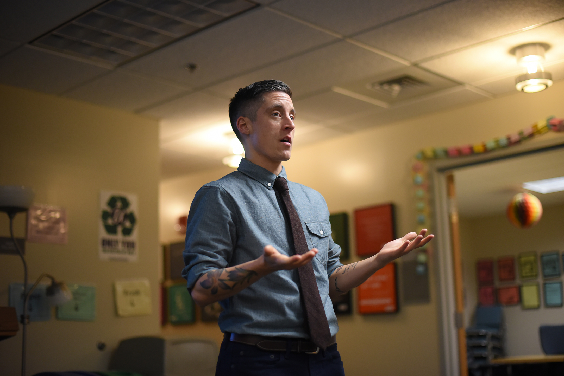 Health coach Dillan DiGiovanni is seen during the motivational presentation “Live Without Limits: Be Yourself, Change the World" at the Rainbow Center in the UConn Student Union in Storrs, Connecticut on Thursday, Nov. 12, 2015. (Allen Lang/The Daily Campus)