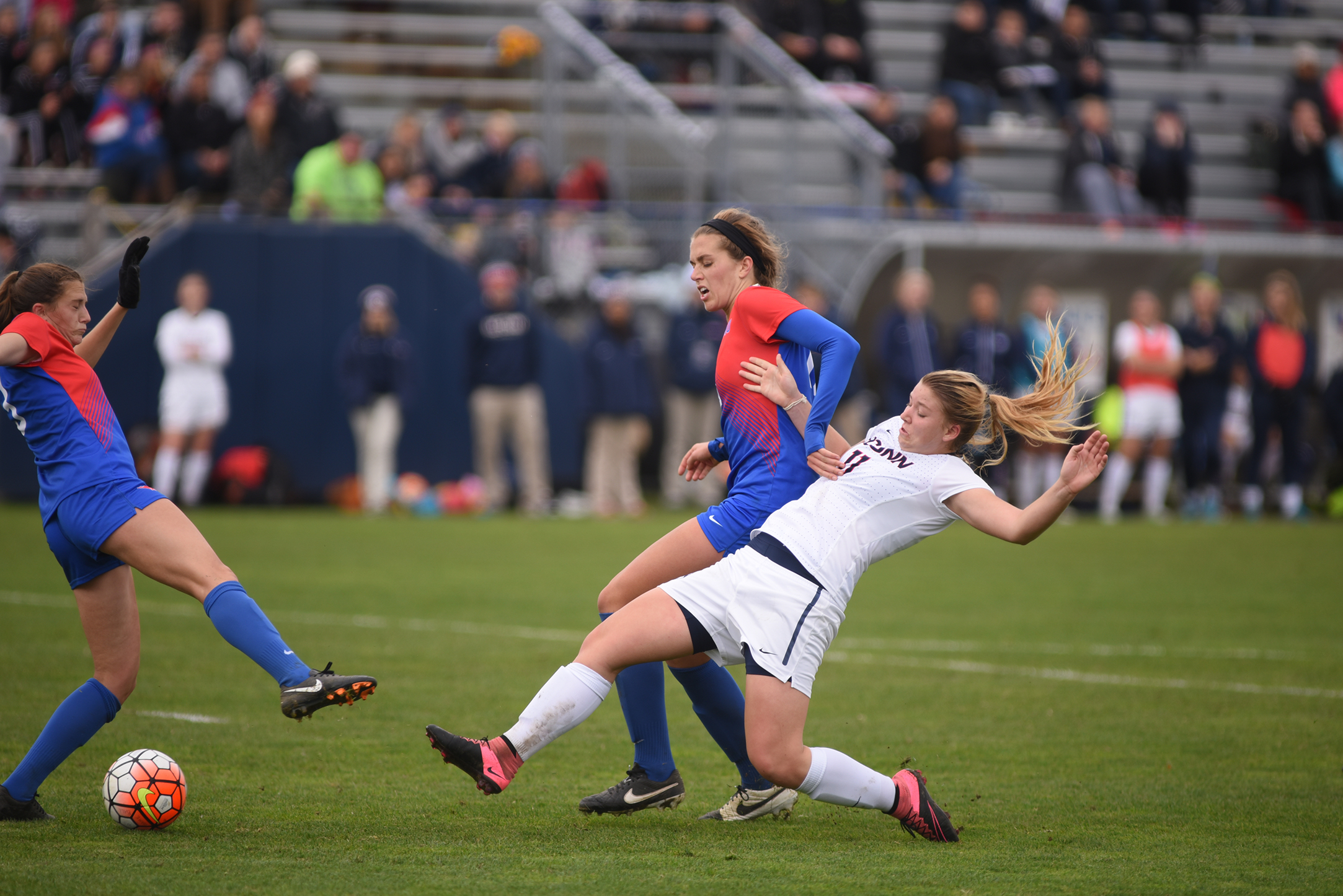 UConn freshman forward Kim Urbanek makes a tackle during the Huskies' game against SMU on Sunday, Oct. 25, 2015. The team opens NCAA Tournament play Sunday at Joseph J. Morrone Stadium against Siena. (Allen Lang/The Daily Campus)