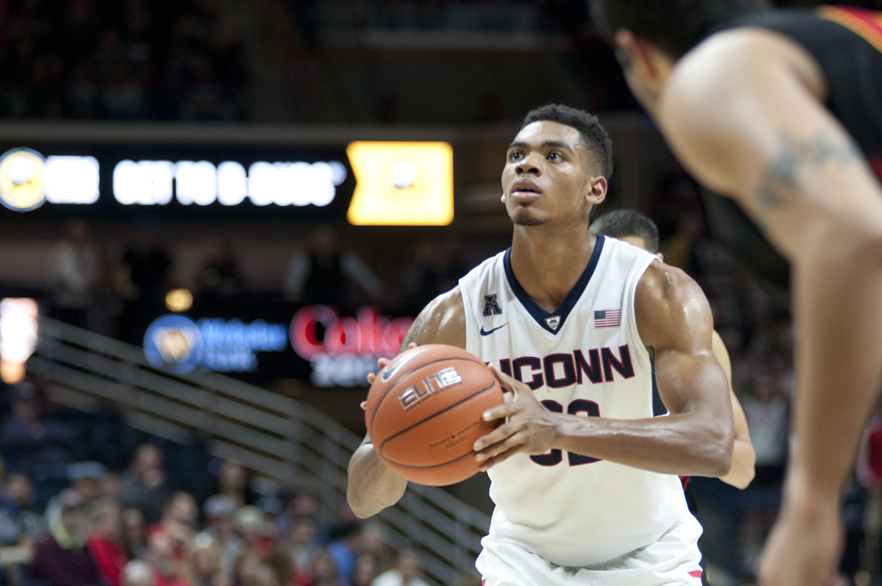 UConn men's basketball forward Shonn Miller takes a free throw during an exhibition game at XL Center in Hartford, Connecticut. (Bailey Wright/The Daily Campus)