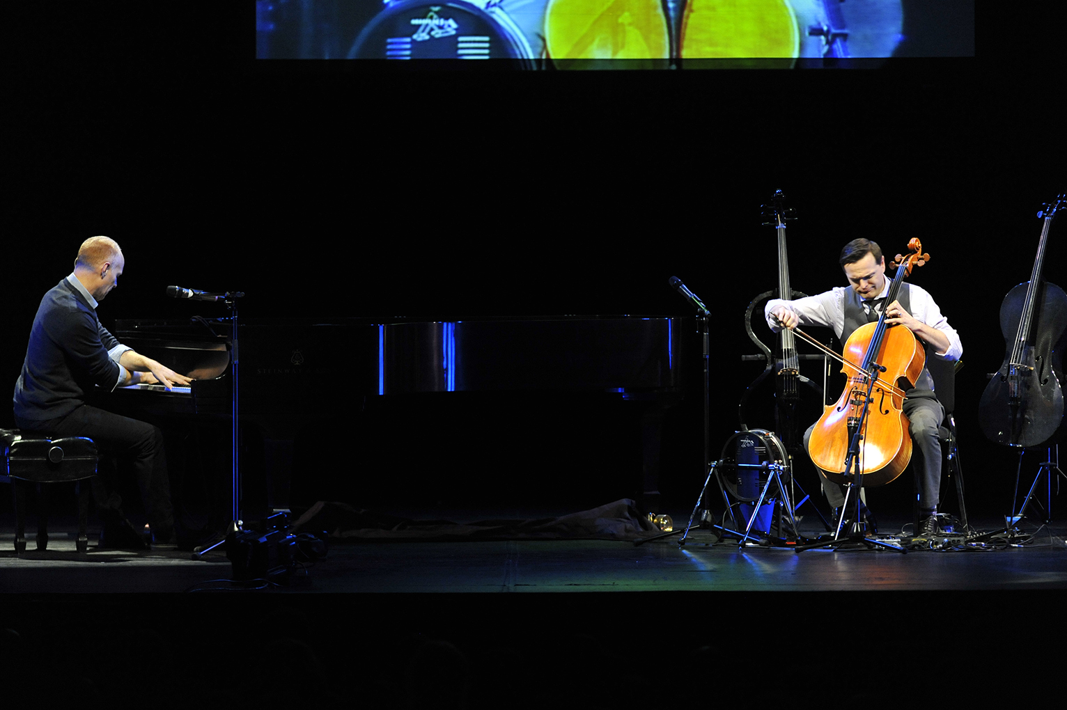 Members of The Piano Guys are seen performing at the Jorgensen Center for the Performing Arts in Storrs, Connecticut on Friday, Nov. 13, 2015. (Jason Jiang/The Daily Campus)