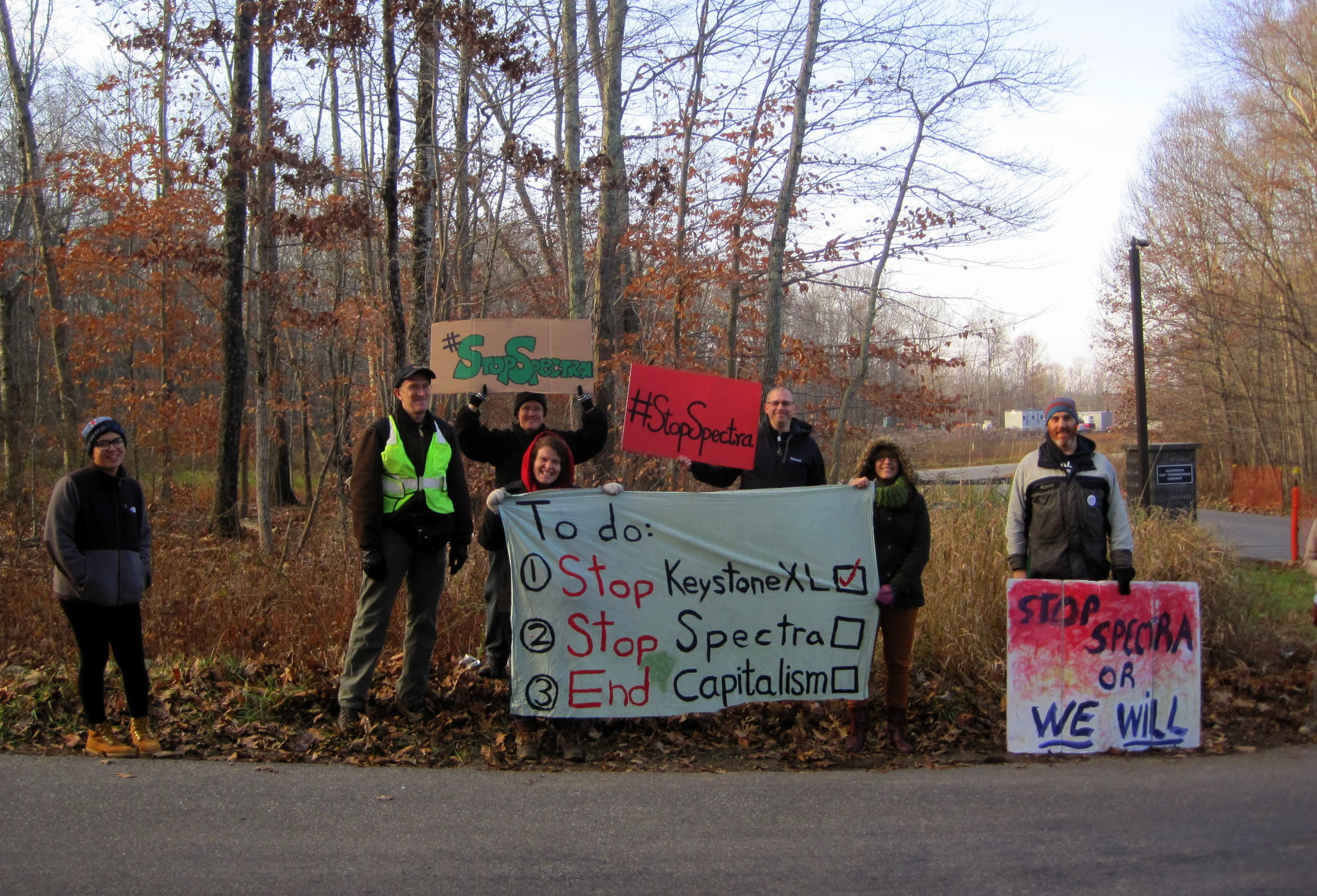 Members of Capitalism vs. the Climate and 350 Connecticut, regional advocacy groups focused on advancing renewable energy, are seen protesting at the Algonquin Gas Transmission Company site on Tower Hill Road in Chaplin, Connecticut on Monday, Nov. 15, 2015. (Courtesy/Katherine Gregory)