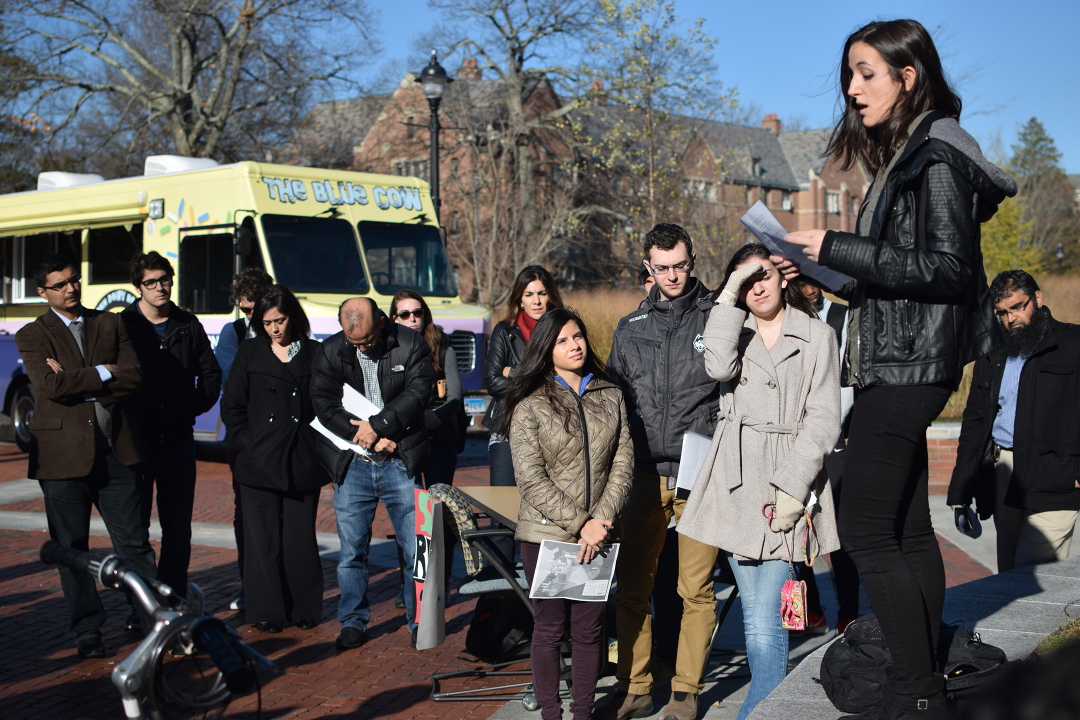 A student is seen speaking during "'Speak Out' on the Syria Refugee Emergency" between Homer Babbidge Library and the Rowe Center for Undergraduate Education in Storrs, Connecticut on Monday, Nov. 16, 2015. (Grant Zitomer/The Daily Campus)
