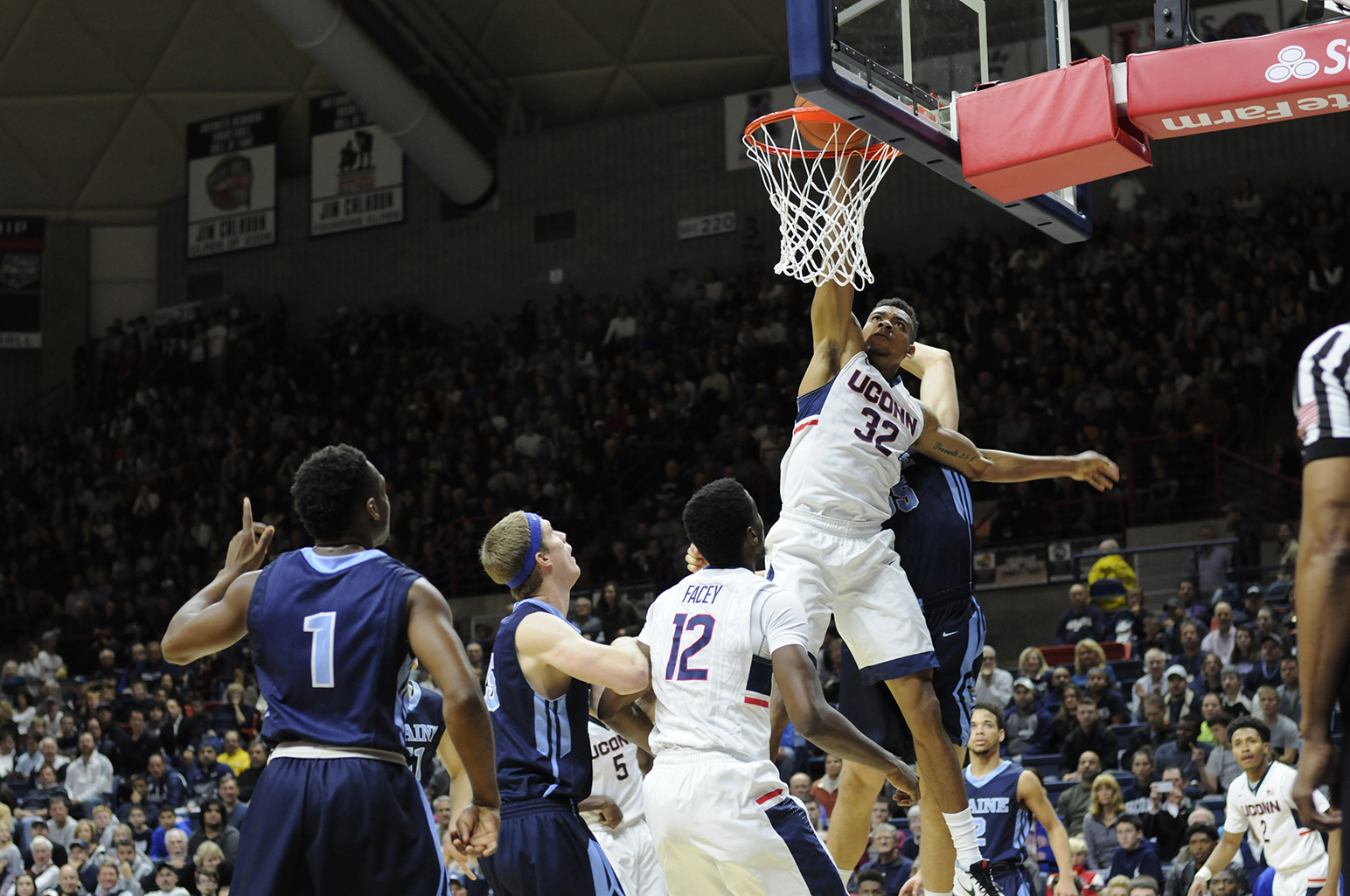 UConn men's basketball forward Shonn Miller dunks the ball during the Huskies' game against Maine at Gampel Pavilion in Storrs, Connecticut on Friday, Nov. 13, 2015. (Bailey Wright/The Daily Campus)