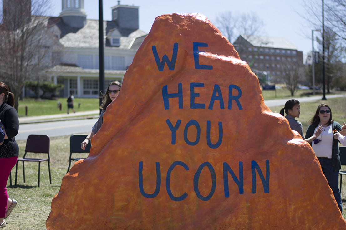 During an event at the Spirit Rock in April 2015, students gathered in response to a "Black Lives Matter" message on the rock being defaced. The word "Black" was painted over. The above message signaled inclusion on the UConn campus. (Rebecca Newman/The Daily Campus).