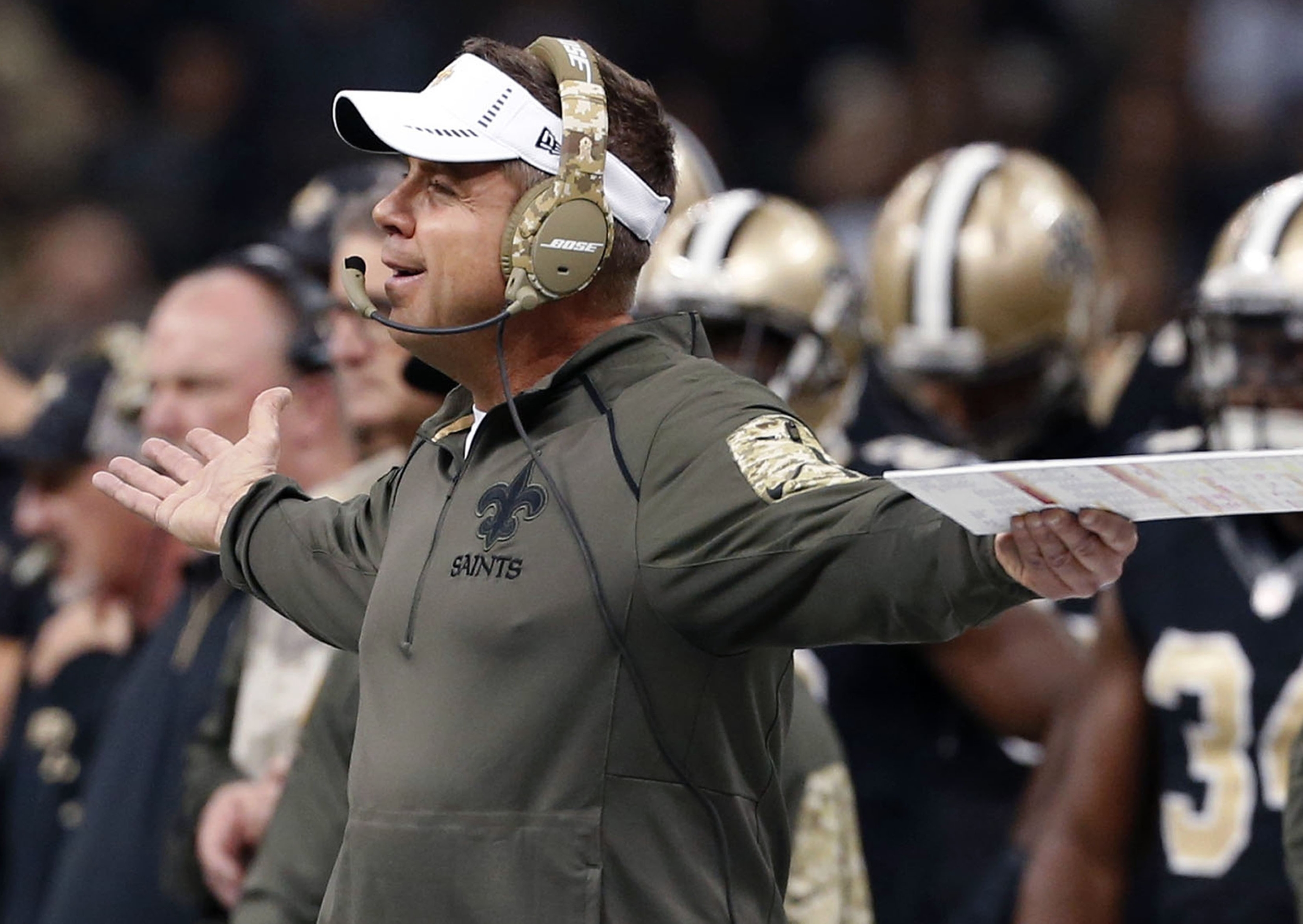 New Orleans Saints head coach Sean Payton calls out from the sideline in the first half of an NFL football game against the Tennessee Titans in New Orleans, Sunday, Nov. 8, 2015. (Jonathan Bachman/AP)