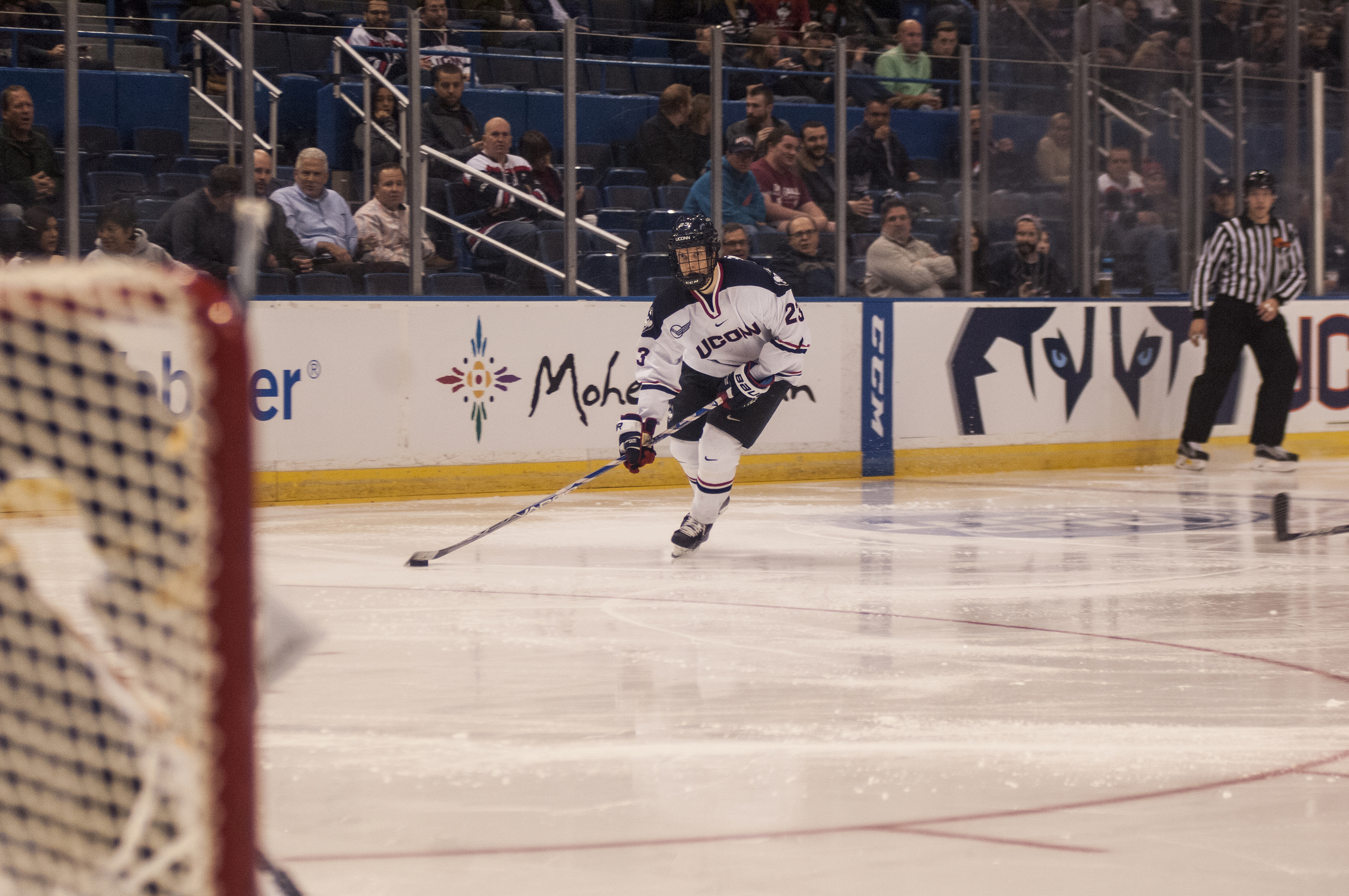 UConn sophomore forward Kasperi Ojantakanen handles the puck during the Huskies' game against Quinnipiac at the XL Center in Hartford, Connecticut on Tuesday, Nov. 17, 2015. UConn lost 6-2, extending its losing streak to seven games. (Courtesy/Stephen Quick)