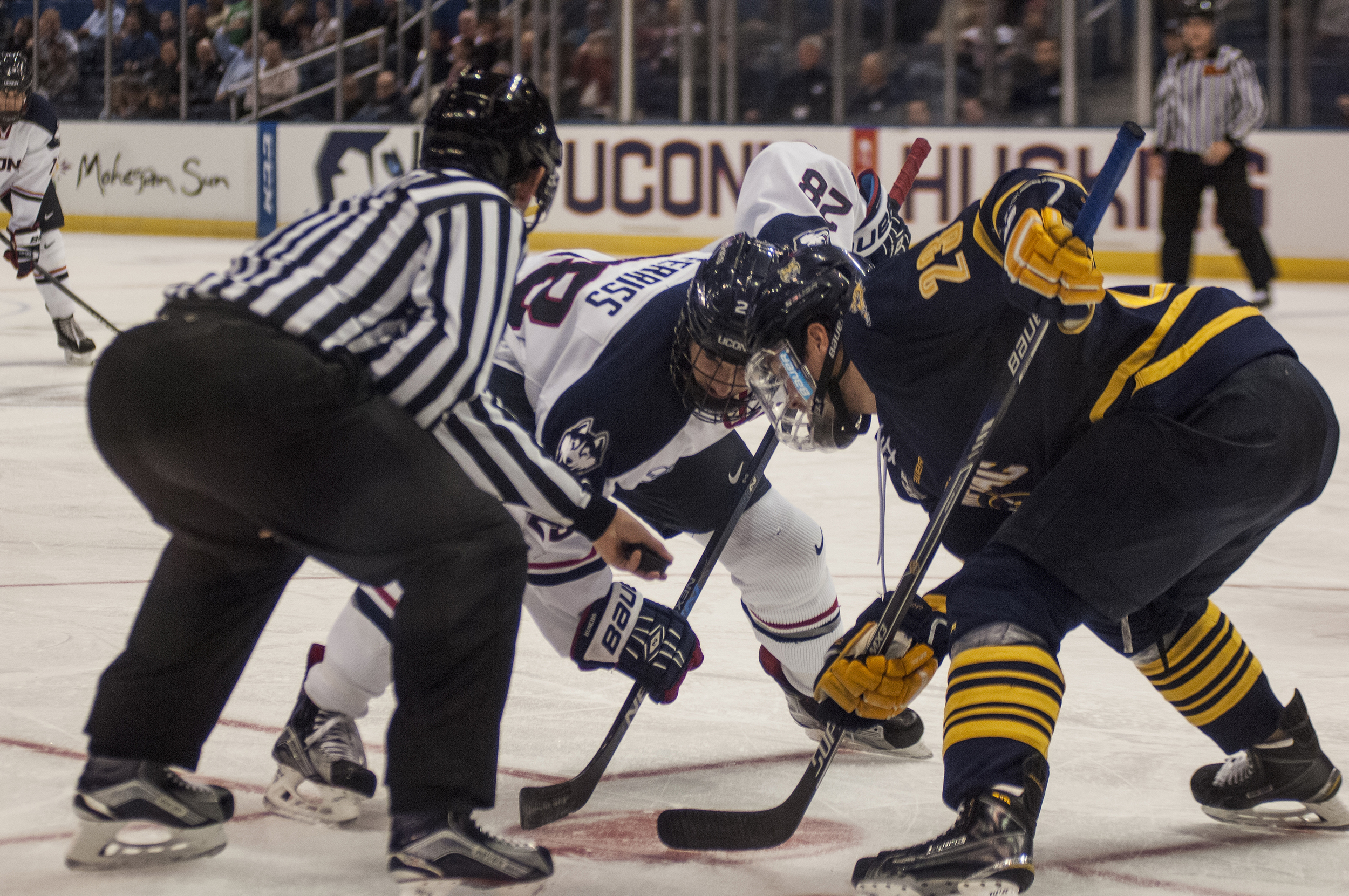 UConn senior forward Joey Ferriss takes a face off during the Huskies' game against Quinnipiac at the XL Center in Hartford, Connecticut on Tuesday, Nov. 17, 2015. UConn lost 6-2, extending its losing streak to seven games. (Courtesy/Stephen Quick)