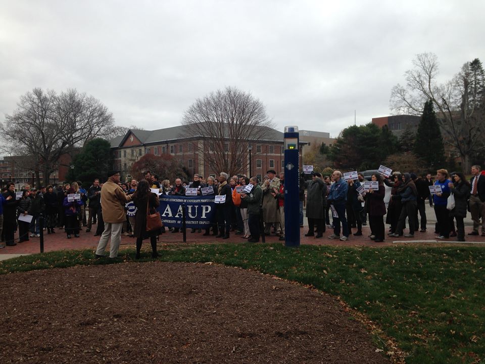 Members of the University of Connecticut graduate union, graduate senate, faculty, and graduate programs gathered outside of Wilbur Cross on Wed., Nov. 18 for academic freedom as defined by the American Association of University Professors (AAUP). (Courtesy/ GEU-UAW UConn Graduate Employee Union Facebook page)